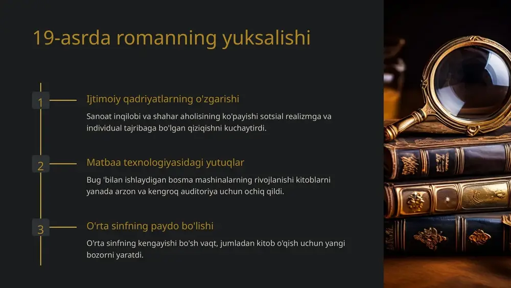 ramonlari aql bovar qilmaydigan darajada esda qolarli. ular ko'pincha hayotdan kattaroq va o'ziga xos xususiyatlarga ega. ular ko'pincha ma'lum xususiyatlarni yoki ijtimoiy guruhlarni o'zida mujassam etgan. murakkab munosabatlar dikkens qahramonlar o'rtasidagi murakkab munosabatlarni o'rganadi. u ko'pincha qahramonlarni qashshoqlik va tengsizlik kabi o'z davrining ijtimoiy me'yorlari bilan kurashayotgan sifatida taqdim etadi. o'sish va transformatsiya dikkensning romanlaridagi qahramonlar ko'pincha sezilarli o'sish va o'zgarishlarni boshdan kechiradilar. ular qimmatli saboq olishlari, qiyinchiliklarni engishlari yoki o'z nuqtai nazarlarini rivojlantirishlari mumkin. dikkens yozuvidagi timsol va obrazlilik dikkens chuqur mavzular va ijtimoiy sharhlarni etkazish uchun simvolizmdan ustalik bilan foydalanadi. misol uchun, londonning zich tumanlari viktoriya davridagi angliyaning ijtimoiy kasalliklari va ma'naviy noaniqligini anglatadi. nur va zulmatning qayta-qayta takrorlanuvchi tasviri yaxshilik va yomonlik, umid va umidsizlik, ijtimoiy adolat va adolatsizlik o'rtasidagi kurashni ifodalaydi. dikkensning zamonaviy adabiyotga ta'siri dikkensning ijtimoiy adolatsizlik, qashshoqlik va insoniy holatga e’tibori zamonaviy adabiyotda dolzarbligicha qolmoqda. zamonaviy yozuvchilar ko'pincha dikkensning kuchli hikoyalaridan ilhom olib, shunga …