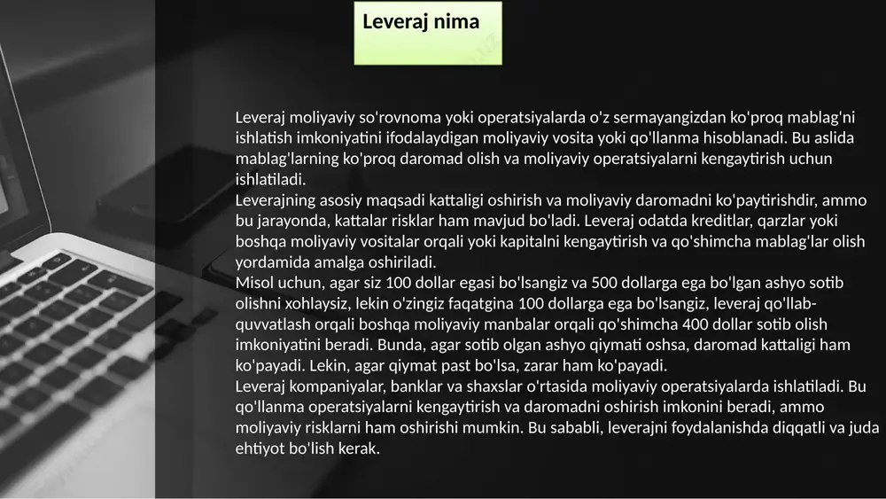 ishini kengaytirishdir. kapital qiymati esa kompaniyaning moliyaviy holatini va uning aktivlarini aniqlash uchun ishlatiladi. asosiy vositalar: leveraj boshqa moliyaviy manbalardan qo'shimcha mablag'lar olishga yo'l qo'ymoqda, esa kapital qiymati kompaniyaning mablag'larini sotib olish va uning moliyaviy holatini bildiradi. risklar: leverajni qo'llash daromadni oshirish imkonini beradi, lekin katta mablag'lar olish sharoitida katta moliyaviy risklar bilan bog'liq. kapital qiymati esa kompaniyaning moliyaviy xolatini o'rganishda yordam beradi, ammo risklarning oshishiga olib kelmasligi mumkin. bunday, leveraj va kapital qiymati ikkala moliyaviy ko'rsatkich bo'lib, ular kompaniyalar, investorlar yoki moliyaviy mutaxassislar uchun moliyaviy tahlil va qaror qabulda yordam beradigan muhim qo'llanmalar hisoblanadi. leverajning moliyaviy operatsiyalarga ta'siri qanday daromadni oshirish: leveraj moliyaviy operatsiyalarni kengaytirish imkonini ta'minlashda yordam beradi. mablag'lar ko'payib, daromad olish imkoniyati kengayadi. bu, kompaniya uchun katta daromadlar olish imkoniyatini beradi. investitsiyalarni kengaytirish: leveraj o'z ichiga investitsiyalarni kengaytirishni ham o'z ichiga oladi. bu, kompaniya kengayishiga yordam berishi mumkin, yangi mahsulotlar, xizmatlar yoki bo'shqa investitsiyalar uchun mablag'lar ayirish …