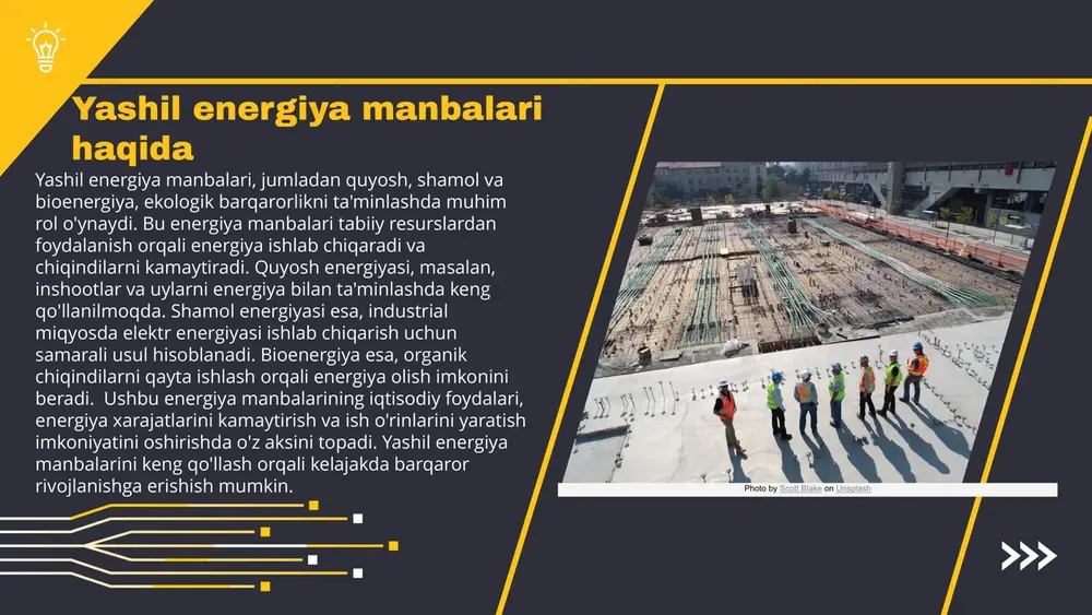rini elektr energiyasiga aylantirishdan iborat. bu jarayonda fotovoltaik texnologiyalardan foydalaniladi, bu esa 20-25% samaradorlikda energiya ishlab chiqarishga imkon beradi. quyosh energiyasi yillik iste'molning 10% ni ta'minlaydi. shamol energiyasi, shamol turbinalari orqali ishlab chiqariladi. turbinalar shamolning kinetik energiyasini mexanik energiyaga aylantiradi, bu esa generatorlar orqali elektr energiyasiga o'zgaradi. gidroelektr stansiyalari esa suv oqimlaridan foydalanib energiya ishlab chiqaradi, ularning samaradorligi suvning balandligi va oqim tezligiga bog'liq. har bir energiya manbai o'ziga xos afzalliklari va kamchiliklariga ega. qayta tiklanadigan energiya manbalari, masalan, quyosh va shamol energiyasi, iqlim o'zgarishi bilan kurashishda muhim rol o'ynaydi. bu energiya manbalari chiqindilarni kamaytiradi va global isish jarayonini sekinlashtirishga yordam beradi. biroq, ularning ishlab chiqarilishi va o'rnatilishi jarayonida tabiiy resurslar va energiya sarfi ko'payishi mumkin, bu esa o'z navbatida ekologik muammolarga olib kelishi mumkin. shuning uchun, qayta tiklanadigan energiya manbalarini o'zlashtirishda ularning ijobiy va salbiy ta'sirlarini hisobga olish muhimdir. qayta tiklanadigan energiya manbalari insoniyat uchun muhim imkoniyatlar yaratadi, ammo …