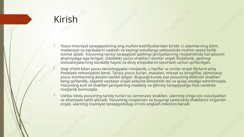 ardan boshlanib, murakkab mixxatlar, ierogliflar va alfavit shaklidagi yozuvlarga o‘tdi. ushbu tizimlar orqali qadimgi jamiyatlar o‘z bilim va tajribalarini saqlab qolish, keyingi avlodlarga yetkazish imkoniyatiga ega bo‘ldilar. yozuv taraqqiyoti natijasida ilm-fan, madaniyat va falsafa rivojlandi, bu esa insoniyatning intellektual salohiyatini oshirishga xizmat qildi.  zamonaviy yozuv esa raqamli texnologiyalar bilan chambarchas bog‘liq. bugungi kunda kompyuter, telefon va boshqa raqamli qurilmalar yordamida axborot almashish va saqlash jarayoni yanada tezlashdi va osonlashdi. elektron yozuv shakllari nafaqat xabar almashishda, balki ilmiy izlanishlarda, biznesda va ta’limda ham katta ahamiyat kasb etmoqda. shunday qilib, yozuv tizimlarining rivojlanishi va zamonaviylashtirilishi jamiyat taraqqiyotiga ulkan hissa qo‘shgan va qo‘shishda davom etmoqda.  yozuvning tarixiy va zamonaviy turlarini o‘rganish natijasida, uning inson hayoti va madaniyatidagi ahamiyatini chuqurroq anglash mumkin bo‘ldi. bu esa kelajakda yozuvni yanada rivojlantirish va undan samarali foydalanish yo‘llarini izlashda muhim rol o‘ynaydi. etiboringiz uchun rahmat slide 1 slide 2 kirish tarixiy yozuv turlari slide 5 zamonaviy …