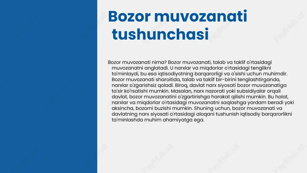 sishni rag'batlantirish uchun muhimdir. shuningdek, davlat tomonidan amalga oshiriladigan narx siyosati bozordagi raqobatni kuchaytiradi va iste'molchilar manfaatlarini himoya qiladi. davlat narx siyosati: kirish davlat narx siyosati iqtisodiy barqarorlikni ta'minlash va bozor muvozanatini saqlab qolish uchun muhim ahamiyatga ega. uning asosiy maqsadlari orasida inflyatsiyani nazorat qilish, iste'molchilarni himoya qilish va resurslarni samarali taqsimlash kiradi. davlat narx siyosati bozor sharoitlaridagi o'zgarishlarga javoban ishlab chiqiladi va iqtisodiy o'sishni rag'batlantirish uchun zarurdir. bu siyosat, shuningdek, ijtimoiy adolatni ta'minlash va iqtisodiy taraqqiyotda barqarorlikni saqlashda muhim rol o'ynaydi. 1 2 3 4 davlat narx siyosati maqsadlari ijtimoiy adolatni ta'minlash: narx siyosati orqali aholi turli qatlamlari o'rtasida tenglikni ta'minlash. bu, aholining iqtisodiy farovonligini oshirishga yordam beradi. iqtisodiy barqarorlikni saqlash: narxlar o'zgarishini nazorat qilish orqali iqtisodiy muammolarni oldini olish va barqaror iqtisodiy o'sishni ta'minlash. narxlarni nazorat qilish: bozor narxlarining oshib ketishining oldini olish va aholi uchun zaruriy tovarlar narxini boshqarish. raqobatni qo'llab- quvvatlash: bozor raqobatini rag'batlantirish orqali iste'molchilar …