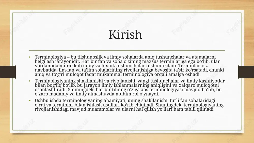 bo‘ladi ilmiy, texnik yoki madaniy sohalarda yangi tushunchalar va fenomenlar paydo bo‘ladi. bu tushunchalar maxsus atamalarni yaratishni talab qiladi. termin taklif qilinadi yangi tushunchalar uchun mutaxassislar tomonidan atamalar taklif qilinadi. ular ilmiy yoki texnik jamoa tomonidan baholanadi va qabul qilinadi. u adabiyotda qo‘llaniladi taklif qilingan terminlar ilmiy, pedagogik yoki texnik adabiyotlarda, maqolalarda, darsliklarda va qo‘llanmalarda qo‘llaniladi. rasman qabul qilinadi terminlar keng tarqalib, rasmiy lug‘atlar va soha standartlarida o‘z o‘rnini egallaydi. bu bosqichda terminlar ilmiy yoki davlat tashkilotlari tomonidan rasmiylashtiriladi. xalqaro terminlar xalqaro terminlar — dunyo bo‘ylab keng qo‘llaniladigan va turli tillarda bir xil ma'noga ega atamalar. misollar: biologiya, matematika, kompyuter ahmiyati: xalqaro ilmiy va texnik muloqotni osonlashtiradi, global ilm-fan rivojiga hissa qo‘shadi. milliy terminlar milliy terminlar — o‘zbek tiliga xos, o‘z milliy an’ana va madaniyatini aks ettirgan atamalar. misollar: ildiz so‘z — so‘zning asosiy shakli. tutash gap — bog‘lovchi so‘zlar bilan birlashgan gap. ahmiyati: milliy terminlar tilni boyitadi va ilm-fan …