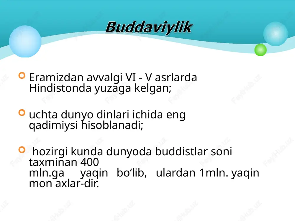 va yevropa qit'alariga buddaviylik kirib borgan. buddaviylik manbalari tripitaka (yoki tipitaka) - uch savat ma'nosini anglatadi. u uch qismdan iborat bo‘lganligi uchun shunday nom bilan atalgan. ular: sutta-pitaka - budda targ‘ibotining haqiqiy bayoni hisoblangan sutra matnlari; vinaya-pitaka -rahboniylik ahloqi va xonaqohlar nizomlariga bag‘ishlangan vinaya matnlari; abxidxarma-pitaka -buddaviylikning falsafiy va psixologik muammolarini bayon qilib berishga bag‘ishlangan abxidxarma matnlaridan iborat. e'tiboringiz uchun rahmat! image5.png image6.png image7.png image8.png image9.png image10.png image11.jpg image12.png image13.jpg image14.jpg image4.png image1.png image2.png image3.png
