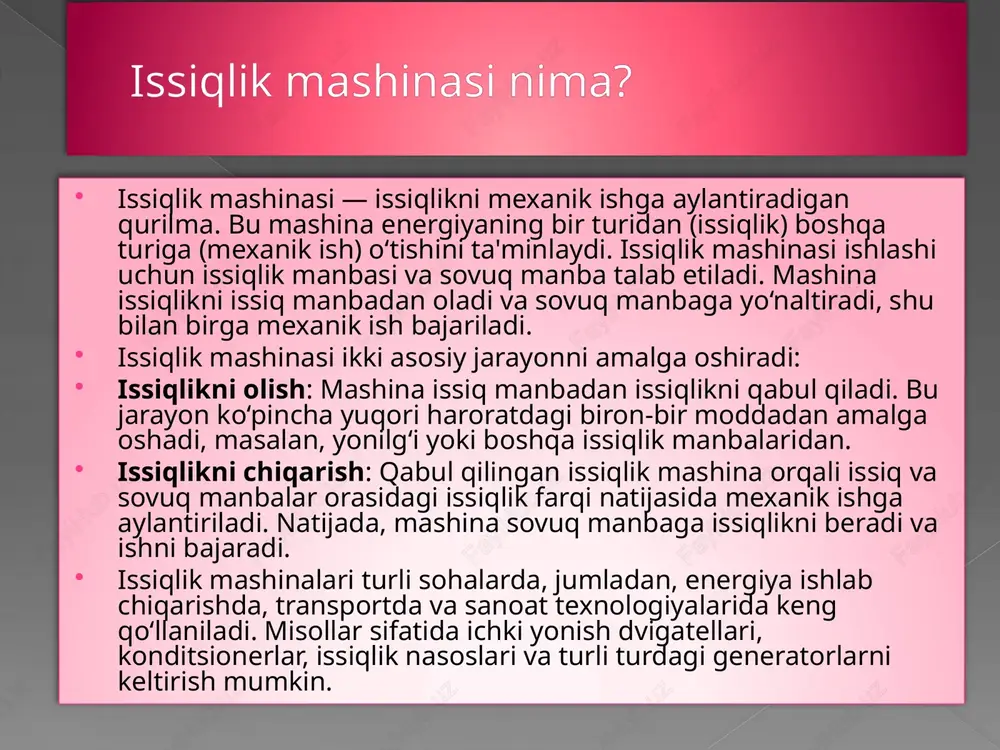 uni ushbu jarayonlarning samaradorligini cheklaydi, chunki to‘liq energiya aylanishi 100% samaradorlikka erishishiga imkon bermaydi.  misol: ichki yonish dvigatelida:  issiqlik olish: yonilg‘i yoqiladi va gazlar isitiladi.  issiqlikni ishlov berish: isitilgan gazlar pistonni harakatga keltiradi va ish bajariladi.  issiqlikni chiqarish: sovigan gazlar chiqish valfi orqali chiqariladi.  bu jarayon issiqlikning bir qismini mexanik ishga aylantiradi, ammo to‘liq energiya samaradorligiga erishish mumkin emas. foydali ish koeffitsienti (cop)  foydali ish koeffitsienti (cop) — issiqlik mashinasining samaradorligini o‘lchash uchun ishlatiladigan ko‘rsatkichdir. cop mashinaning foydali ish miqdori va unga sarflangan energiya (issiqlik) miqdori o‘rtasidagi nisbatni ifodalaydi. bu koeffitsient issiqlik mashinasining samaradorligini taqqoslashda yordam beradi va uning energiya samaradorligini baholashga imkon beradi.  formulasi:  cop ning turlari:  foydali ish koeffitsienti (cop) turli xil issiqlik mashinalari uchun turlicha bo‘ladi. misollar:  konditsionerlar: konditsionerlar issiq havoni sovutish uchun ishlatiladi. bu mashinalarda cop sovutish ishining bajarilgan miqdori va energiya iste'moli (issiq havodan issiqlikni …