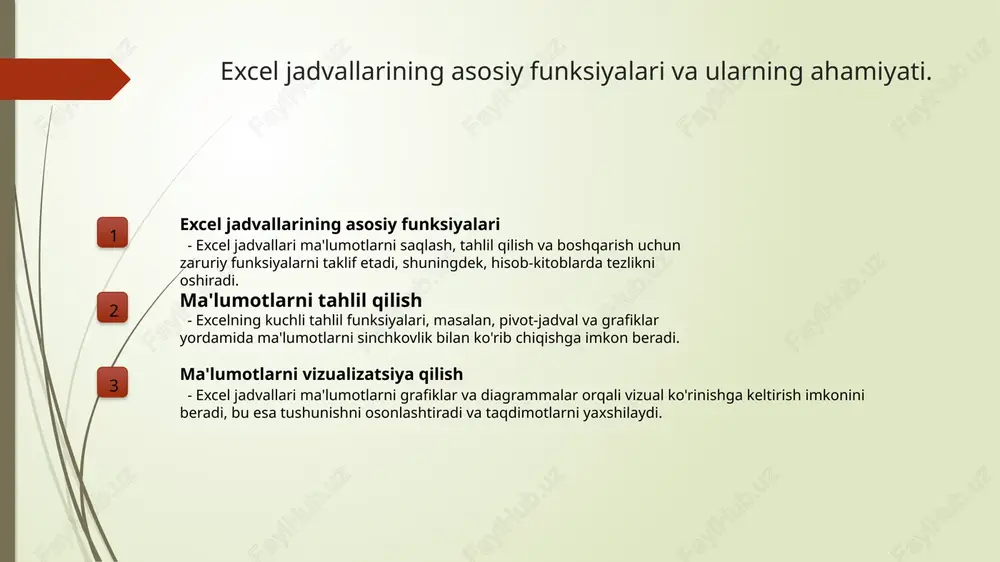 ularni turli ko'rinishlarda taqdim etish mumkin. bu, murakkab ma'lumotlarni soddalashtiradi. shartli formatlash shartli formatlash funksiyasi orqali ma'lumotlarni ko'rsatish uchun ranglar va formatlar qo'llaniladi. bu, muhim ma'lumotlarni tezda ajratib ko'rsatadi. excel dasturida grafiklar va diagrammalar yaratish imkoniyatlari. excel dasturida grafiklar va diagrammalar yaratish imkoniyatlari orqali ma'lumotlarni vizual ravishda ifodalash mumkin. bu jarayon, ma'lumotlar tahlilini osonlashtiradi va natijalarni tushunarli qilib ko'rsatadi. misollar: - diagrammalar yordamida statistik ma'lumotlarni taqdim etish; - grafiklar bilan vaqt o'zgarishini ko'rsatish. ta'lim jarayonida excelni qo'llash: interaktiv o'qitish yondashuvlari. 01 excelning afzalliklari excel dasturi talabalar uchun interaktiv o'qitish jarayonini yanada samarali qiladi, ma'lumotlarni tez va qulay tarzda boshqarishga yordam beradi. 02 o'qitishda amaliyot talabalarga excelda reaktiv vazifalar berish, o'quv jarayonida amaliyot o'tkazish imkonini beradi, bu esa nazariy bilimlarni mustahkamlaydi. 03 ma'lumotlarni tahlil qilish excel yordamida talabalar ma'lumotlarni tahlil qilishni o'rganadilar, bu esa ularning analitik fikrlash qobiliyatini rivojlantiradi va real hayotdagi muammolarni hal qilishga tayyorlaydi. 04 interaktiv dasturlar excelda interaktiv …