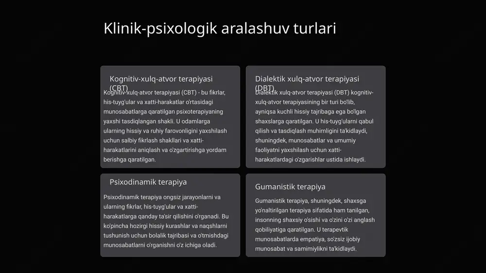 tai nazarni ushlab turish qobiliyatini shakllantirishga katta e'tibor beriladi. dbt o'zining tuzilgan, mahoratga asoslangan yondashuvi bilan mashhur va odamlarga o'z-o'ziga zarar etkazish xatti-harakatlarini kamaytirish, kuchli his-tuyg'ularni boshqarish va umumiy hayot sifatini yaxshilashda samarali ekanligi aniqlandi. 5 psixodinamik terapiya freyd psixologiyasining tamoyillariga asoslangan psixodinamik terapiya ongsiz jarayonlarni va ularning insonning fikrlari, his-tuyg'ulari va xatti-harakatlariga qanday ta'sir qilishini o'rganishga qaratilgan. terapevt mijozni erta bolalikdagi tajribalari, munosabatlari va his-tuyg'ularini muhokama qilishga undaydi, ularning ichki mojarolari va hal etilmagan muammolari haqida tushunchaga ega bo'ladi. ushbu terapevtik yondashuv terapevt-mijoz munosabatlari, o'tkazish va tushlar va belgilarning talqini rolini ta'kidlaydi. o'tmishdagi tajribalarni o'rganish va his-tuyg'ularini ifodalash orqali odamlar o'zlarini chuqurroq tushunishlari va qiyinchiliklarga dosh berishning sog'lom usullarini rivojlantirishlari mumkin. psixodinamik terapiya ongsizni ongga olib kirishga qaratilgan bo'lib, shaxsiy o'sishga, o'z-o'zini anglashga va psixososyal faoliyatni yaxshilashga olib keladi. 6 gumanistik terapiya gumanistik psixologiya deb ham ataladigan insonparvarlik terapiyasi insonning noyob salohiyatiga e'tibor qaratadi va o'z-o'zini izlash, ijodkorlik va …