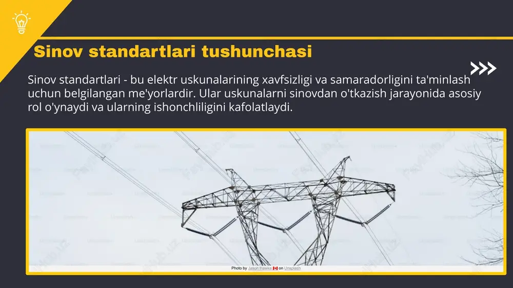 i. o'zbekiston respublikasida elektr uskunalari xavfsizligi bo'yicha qonunlar va me'yorlar mavjud. ushbu me'yorlar ishlab chiqaruvchilar va iste'molchilar uchun muhim yo'l-yo'riqdir. ushbu talablarga rioya qilish, elektr uskunalarining xavfsizligini ta'minlash va avariyalar va jarohatlardan saqlanish uchun zarurdir. sinov jarayonida xavfsizlikning ahamiyati sinov jarayonida xavfsizlikning roli juda muhimdir. xavfsizlikni ta'minlash orqali muhandislik jarayonlarini samarali o'tkazamiz va natijalarimizning ishonchliligini oshiramiz. xavfsizlikni ta'minlash orqali sinov natijalarini yaxshilash mumkin. xavf-xatarlarni kamaytirish, asboblardan to'g'ri foydalanish va muhofaza choralarini ko'rish natijalarni to'g'ri baholash imkonini beradi. xavfsizlikni e'tiborga olishning foydalari ko'p. bu, ishchilarni himoya qilish bilan birga, mahalliy va global standartlarga mos kelish orqali kompaniya obro'sini oshiradi. xavfsizlik talablariga rioya qilish xavfsizlik talablariga rioya qilish bo'yicha tavsiyalar: 1. har bir ish joyida xavfsizlik qoidalarini belgilash va ularga amal qilishni ta'minlash. 2. boshqaruv organlari xavfsizlik talablariga rioya etilishini nazorat qilishlari lozim. 3. amaliy misollar: a) ish joyida xavfsizlik belgilari va qoidalarini joylashtirish; b) xavfsizlik bo'yicha treninglar va seminarlar o'tkazish. 4. …