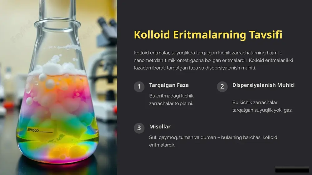 a sohalarda muhim ahamiyatga ega. koʻpgina usullar kolloid eritmalarni barqarorlashtirish uchun ishlatiladi va bu jarayonga ta'sir etuvchi omillarni tushunish muhimdir. tekshirish kolloid eritmalarning barqarorligini ta'minlash uchun turli xil usullar va omillarni batafsil tekshirishni davom ettirish muhimdir. tadqiqot yangi va innovatsion usullarni izlash va tadqiq qilish kolloid eritmalarning barqarorligi toʻgʻrisidagi bilimlarni kengaytirishga yordam beradi. 11 image1.png image2.png image3.png image4.png image5.png image6.png image7.png image8.png image9.png image10.png image11.png image12.png image13.png image14.png image15.png image16.png image17.png