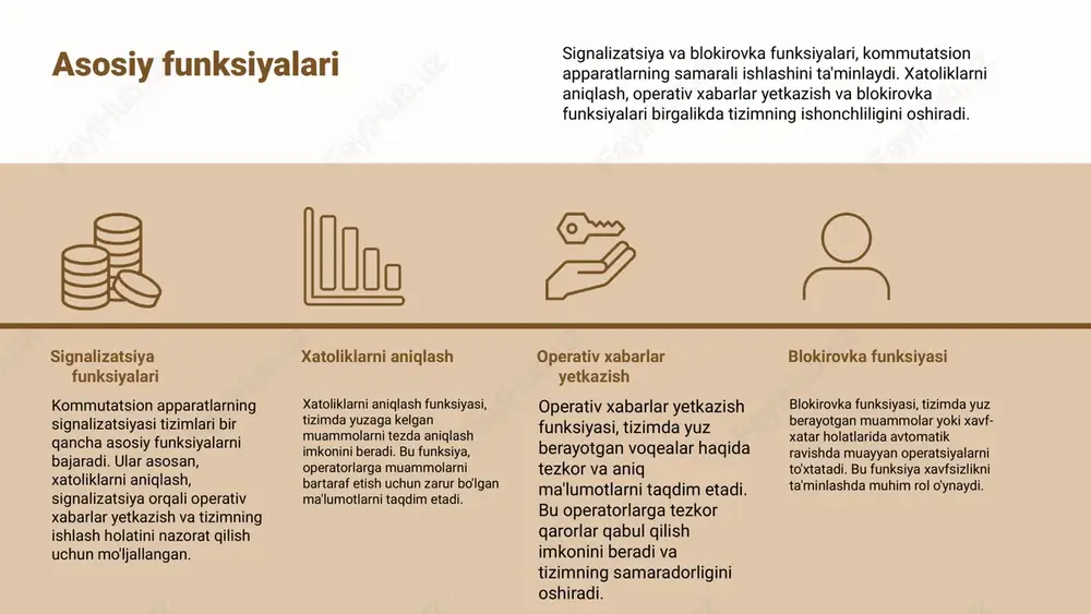 tegratsiya samarali va xavfsiz ish faoliyatini ta'minlaydi. photo by sebastian herrmann on unsplash signalizatsiyaning samaradorligi ushbu slaydda kommutatsion apparatchiklarning signalizatsiyasining samaradorligini baholash usullari va kriteriyalari ko'rsatiladi. samaradorlikni oshirish uchun tavsiyalar, misollar va statistik ma'lumotlar keltiriladi. samaradorlikni oshirish bo'yicha tavsiyalar: 1. signalizatsiya tizimlarining tezligini oshirish: tezkor javob berish tizimlari muhim ahamiyatga ega. 2. texnologik yangiliklarni joriy etish: zamonaviy texnologiyalar yordamida signalizatsiya tizimlarining samaradorligini oshirish mumkin. 3. muntazam treninglar: xodimlarni muntazam ravishda o'qitish orqali signalizatsiya tizimlaridan samarali foydalanishni ta'minlash. 4. tizimlarni integratsiyalash: turli tizimlar o'rtasida integratsiya orqali signalizatsiya jarayonlarini optimallashtirish. statistik ma'lumotlar: 1. 2021 yilda kommutatsion apparatchiklar signalizatsiyasining samaradorligi 85% ga yetdi. 2. signalizatsiya tizimlarining yangilanishi natijasida 30% ga yaqin samaradorlik oshdi. 3. muntazam treninglardan so'ng xodimlarning 90% i samaradorlikni oshirishga muvaffaq bo'ldi. photo by igor omilaev on unsplash xulosa va kelajakdagi yo'nalishlar signalizatsiya tizimlarining rivojlanish tendensiyalari va kelajakda kutishlar haqida umumiy ma'lumotlar. rivojlanish istiqbollari: kommutatsion apparatlarning signalizatsiyasi sohasida asosiy rivojlanish tendensiyalari …