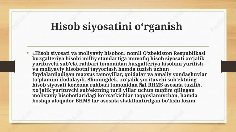 sati va moliyaviy hisobot» nomli №1 bhms talablaridan kelib chiqqan holda korxona buxgalteriya hisobotining ishonchliligi to’g’risida xulosa tuzishdan iborat bo’lib, hisob siyosati №1 bhmsga muvofiq ularni bajarishni ta’minlashi lozim. shuningdek, buxgalteriya hisobo-tining ishonchliligi to’g’risida fikr shakllantirishda quyi-dagi holatlar ham inobatga olinishi zarur: korxonalarning mulkiy holisligi; hisob siyosatini qo’llashning izchilligi; xo’jalik faoliyati faktlarining aniqligi. auditorlik tekshiruvini o’tkazishda quyidagilarni ham aniqlash zarur: hisob siyosatiga doir farmoyish hujjatlarining mavjudligi va ularning tarkibi; hisob siyosatiga doir hujjatlar shakllari va qabul qilish muddatlarining me’yoriy hujjatlar talablariga muvofiqligi; me’yoriy hujjatlar bilan belgilangan hisob usullaridan farq qiladigan, lekin korxonaning mulkiy holatini va moliyaviy natijalarini ishonarli aks ettirishga imkon beradigan usullar mavjudligi; hisob siyosatini shakllantirish chog’ida tanlangan, buxgalteriya hisobotlaridan foydalanuvchilar tomonidan korxona moliyaviy holatini baholash va qaror qabul qilishga sezilarli ta’sir ko’rsatadigan buxgalteriya hisobini yuritish usullarining mohiyati to’liq ochib berilganligi; hisob siyosatiga rioya qilish. auditor №1 bhms da belgilangan, hisob siyosatini qabul qilish tartibiga rioya qilinayotganligini tekshirishi lozim: …