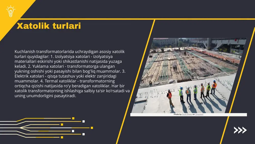 sh va monitoring qilish orqali potentsial muammolarni erta aniqlash mumkin. uchinchidan, transformatorlar uchun yuqori sifatli materiallar va komponentlardan foydalanish zarur. to'rtinchidan, transformatorlar ishga tushirilgandan so'ng, ularning ish faoliyatini baholash va zarurat tug'ilganda sozlash ishlari amalga oshirilishi kerak. ushbu tavsiyalarni amalga oshirish orqali kuchlanish transformatorlarining ishonchliligini oshirish mumkin. photo by joe holland on unsplash xatoliklarni aniqlash usullari kuchlanish transformatorlarida xatoliklarni aniqlash uchun bir nechta usullar mavjud: izolyatsiya sinovlari, termografiya va ultratovushli tekshirish. har bir usulning o'ziga xos afzalliklari bor, masalan, termografiya tez va samarali tekshirish imkonini beradi. biroq, ularda ba'zi muammolar ham yuzaga kelishi mumkin, masalan, noto'g'ri natijalar olish. bunday holatlarda, qo'shimcha tahlil va tekshirishlar o‘tkazilishi lozim. photo by ej yao on unsplash tahlil jarayoni tahlil jarayoni transformator xatoliklarini aniqlash va baholash uchun muhimdir. birinchi bosqichda, xato sabablari va belgilari aniqlanadi. keyingi bosqichda ma'lumotlar to'planadi va tahlil qilinadi. bu jarayonda, xatolarni oldini olish va ularni bartaraf etish uchun tavsiyalar beriladi. statistik …