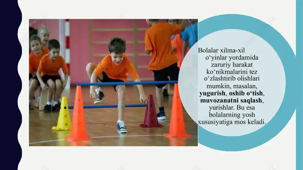 adi. chunki uni aniqlashda, instruktor bolalarning yosh xususiyatlarini, ularning rivojlanishini, jismoniy tayyorgarligini, bolalar sonini va oʻyinni oʻtkazish sharoitini hisobga oladi. harakatli oʻyinlarda 3 dan 300 tagigacha kishi qatnashish mumkin. o‘yin tarbiyalash va xordiq chiqarish vositalaridan biri. o‘yin insoiiyatning butun tarixi mobaynida diniy marosim, harbiy va boshqa mashqlar, shuningdek, sanʼat ayniqsa uning ijro shakllari bilan qo‘shilib kelgan. odamzod tarixining dastlabki davrlarida o‘yinlar hayotda muhim o‘rin tutgan. o‘yinlar yordamida insoniyat o‘sgan, ulg‘aygan, chiniqqan, jismonan baquv vat bo‘lgan, aqlan-ruhan rivojlangan, maʼnaviy kamol toptan. harakatli o‘yinlarni maktab o‘quvchilarida jismoniy rivojlanishida taʼsiri harakatli o‘yinlar bolalarning jismoniy jihatdan yaxshi o‘nib o‘sishlariga salomatliklari yaxshilanishiga, chiniqishlariga, organizimlarning va umumiy ish qobiliyatlarining yanada mustahkamlashga yordam beradi. harakatli va sport o‘yinlari har qanday sport o‘yini xalq harakatli o‘yinlaridan kelib chiqqan va uning eng yuqori shakli hisoblanadi. buni biz basketbol, voleybol, gimnastika, suv polosi va boshqa o‘yinlar misolida kuzatishimiz mumkin. sport o‘yinlaridan farqi shundaki, harakatli o‘yinlar nisbatan murakkab bo‘lmagan o‘yin, faqatgina …
