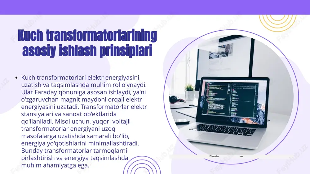 nishdan foydalanish uchun mo'ljallangan. ular uy joylarida yoki sanoat korxonalarida energiya ta'minoti uchun qo'llaniladi. 3. **o'zgaruvchan va doimiy tok transformatorlari** - o'zgaruvchan tok transformatorlari o'zgaruvchan tokni doimiy tokga aylantirish uchun mo'ljallangan. doimiy tok transformatorlari esa doimiy tokni boshqarish va ta'minlash uchun ishlatiladi. **farqlari va qo'llanilishi:** - kuch transformatorlari energiya uzatishda asosiy rol o'ynaydi, past kuchlanish transformatorlari esa energiyaning iste'molchiga yetkazilishi uchun zarur. - o'zgaruvchan tok transformatorlari elektr energiyasini samarali taqsimlashda yordam beradi. transformatorlarning samaradorligi yangi texnologiyalar va yondashuvlar transformatorlarning samaradorligini oshirish uchun zamonaviy texnologiyalar va yondashuvlar muhim ahamiyatga ega. bular orasida yuqori samaradorlikka ega materiallardan foydalanish, transformator dizaynini takomillashtirish va avtomatlashtirilgan monitoring tizimlarini joriy etish kabi usullar mavjud. ushbu yondashuvlar energiya yo'qotishlarini kamaytirish va transformatorlarning ishlashini optimallashtirishga yordam beradi. energiyani tejash usullari energiyani tejashning bir nechta usullari mavjud. bunga transformatorlarning yuklanishini optimallashtirish, passiv yo'qotishlarni kamaytirish uchun yuqori samaradorlikka ega transformatorlar tanlash va energiya sarfini monitoring qilish kiradi. shuningdek, energiya qayta …