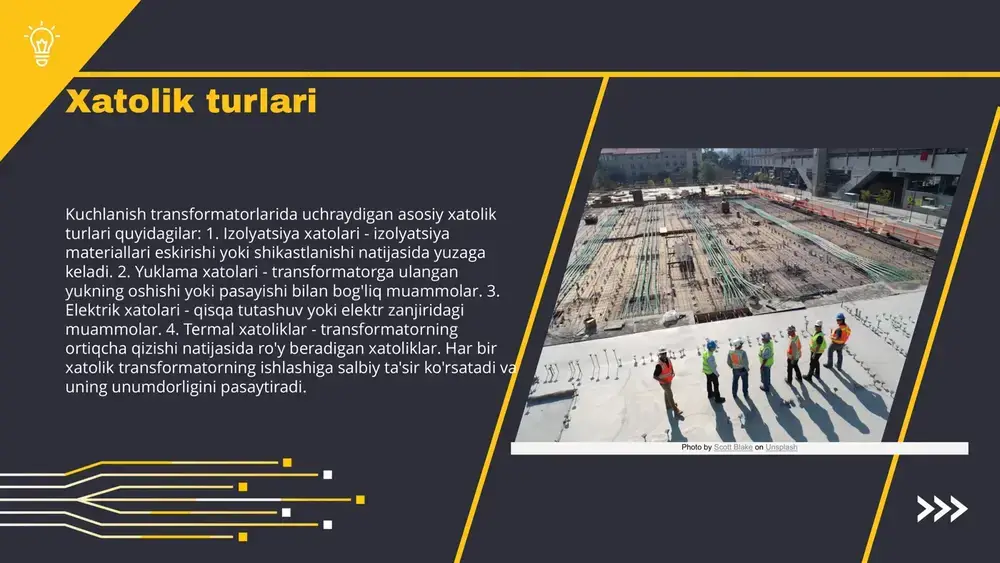 hirilishi kerak. ushbu tavsiyalarni amalga oshirish orqali kuchlanish transformatorlarining ishonchliligini oshirish mumkin. photo by joe holland on unsplash xatoliklarni aniqlash usullari kuchlanish transformatorlarida xatoliklarni aniqlash uchun bir nechta usullar mavjud: izolyatsiya sinovlari, termografiya va ultratovushli tekshirish. har bir usulning o'ziga xos afzalliklari bor, masalan, termografiya tez va samarali tekshirish imkonini beradi. biroq, ularda ba'zi muammolar ham yuzaga kelishi mumkin, masalan, noto'g'ri natijalar olish. bunday holatlarda, qo'shimcha tahlil va tekshirishlar o‘tkazilishi lozim. photo by ej yao on unsplash tahlil jarayoni tahlil jarayoni transformator xatoliklarini aniqlash va baholash uchun muhimdir. birinchi bosqichda, xato sabablari va belgilari aniqlanadi. keyingi bosqichda ma'lumotlar to'planadi va tahlil qilinadi. bu jarayonda, xatolarni oldini olish va ularni bartaraf etish uchun tavsiyalar beriladi. statistik ma'lumotlar kuchlanish transformatorlaridagi xatoliklar statistikasi muhim ahamiyatga ega. 2022 yil davomida 150 ta transformator xatolari qayd etilgan, bu esa ularning 25% ga teng. eng ko'p uchraydigan muammolar orasida izolyatsiya buzilishi (40%), kuchlanish ortishi (30%) va …
