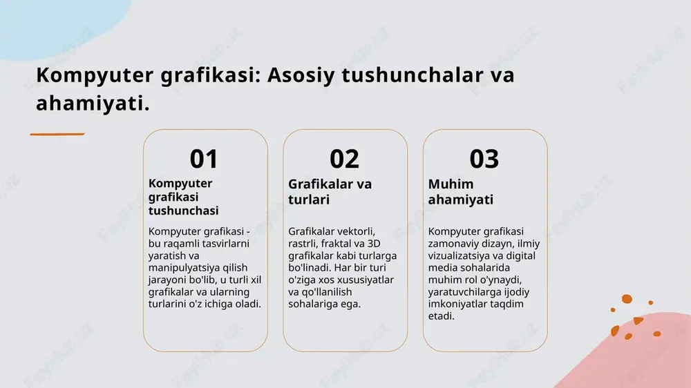 yaratiladi, ularning sifatini yo'qotmasdan o'lchovlarini o'zgartirish imkonini beradi. 2 tarixiy rivojlanish - vektorli grafikalar 1960-yillarda ishlab chiqila boshlagan. ular dastlab ilmiy tadqiqotlarda va grafik dizaynda qo'llanilgan. 3 zamonaviy qo'llanilishi - bugungi kunda vektorli grafikalar web dizayn, animatsiya va mobil ilovalarda keng qo'llanilib, sifatli va o'lchovli grafikalar yaratishga xizmat qiladi. vektorli grafikalar va ularning raqamli dizayndagi o'rni. 1 vektorli grafikalar: ta'rifi vektorli grafikalar, matematik formulalar yordamida yaratilgan grafikalar bo'lib, ular aniqlikni yo'qotmasdan o'lchovlarini o'zgartirish imkonini beradi. 2 dizayndagi afzalliklari vektorli grafikalar, yuqori sifat va o'lchovlarida o'zgarishlarga chidamli bo'lgani uchun, raqamli dizaynda keng qo'llaniladi, ayniqsa logotiplar va chizmalar uchun. 3 ilovalari raqamli dizaynda vektorli grafikalar, grafik dizayn, animatsiya, va web dizayn kabi sohalarda qo'llanilib, ko'plab ijodiy imkoniyatlarni taqdim etadi. 4 dasturiy ta'minot vektorli grafikalar uchun adobe illustrator, coreldraw kabi dasturlar keng tarqalgan. ushbu dasturlar dizaynerlarga grafikalarni yaratishda qulayliklar taqdim etadi. vektorli grafikalar: sifati va o'lchovlari haqida. 01 sifat tushunchasi vektorli grafikalar sifatining …