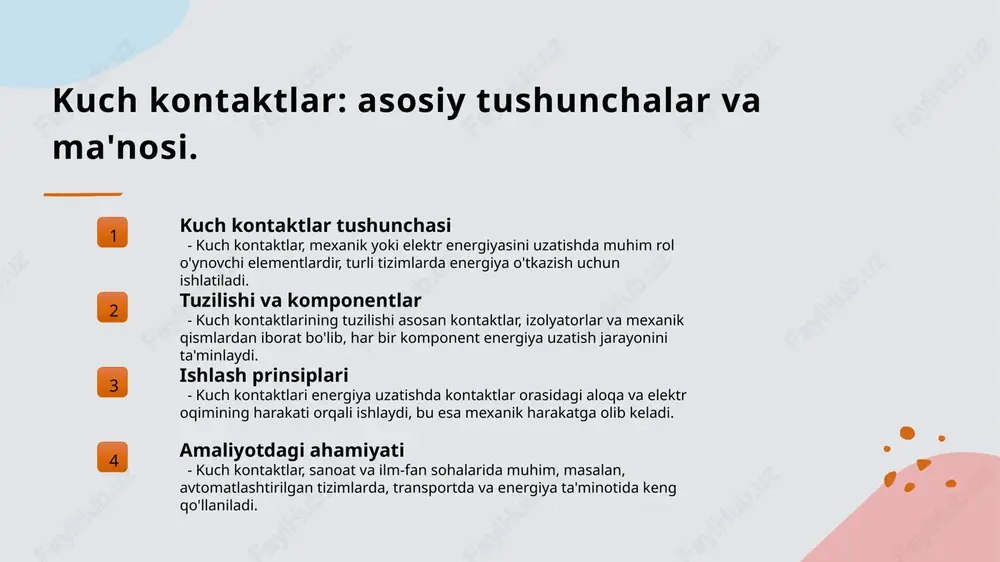 nveyer lentalarida. 3 transport sohasida transport tizimlarida kuch kontaktlari, masalan, poezd va tramvaylarda signalizatsiya va to'xtatish tizimlarida ishlatiladi, xavfsizlikni ta'minlaydi. 4 energiya ta'minoti energiya ta'minoti sohasida kuch kontaktlari elektr uzatish tarmoqlarida, transformatorlarda va energiya hisoblagichlarida samarali qo'llaniladi. kuch kontaktlar: mexanizm va ishlash prinsiplari asoslari. 1 kuch kontaktlar tushunchasi - kuch kontaktlar, mexanik yoki elektr energiyalarini o'zaro almashtirish uchun mo'ljallangan mexanizmlardir, ularning tuzilishi va ishlash prinsiplari asosiy ahamiyatga ega. 2 ishlash mexanizmlari - kuch kontaktlarining ish mexanizmlari, kuchlar ta'siri ostida qismlarning harakati orqali energiya uzatishni ta'minlaydi, bu esa ularning samaradorligini oshiradi. 3 elektr kuch kontaktlari - elektr kuch kontaktlari, elektr energiyasini boshqarish va uzatish uchun ishlatiladi. ular turli xil qurilmalarda, masalan, relélar va switchlarda qo'llaniladi. 4 mexanik kuch kontaktlari - mexanik kuch kontaktlari, fizik kuchlar ta'sirida yuzaga keladigan mexanik harakatlar orqali energiyani uzatadi. ular ko'plab sanoat jarayonlarida muhim rol o'ynaydi. kuch kontaktlarining fizikaviy xususiyatlari va ularning ta'siri. 1 kuch kontaktlarining mexanik …