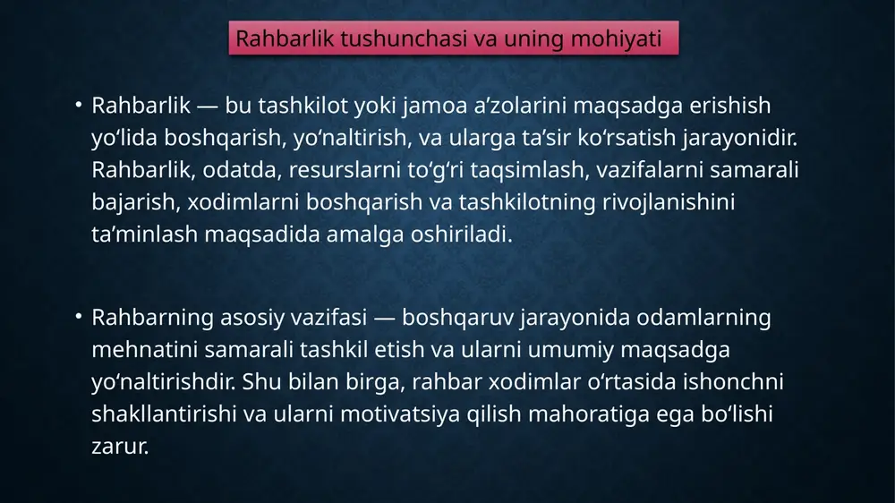 larini tushunish qobiliyatiga ega bo‘lishi kerak. bu xodimlar bilan samarali aloqada bo‘lish va ijobiy ish muhiti yaratish uchun zarur. tashkilotda rahbarlik ishini samarali tashkil etishning asosiy omillaridan biri — rejalashtirishdir. rejalashtirish — bu tashkilot maqsadlariga erishish uchun aniq strategiyalar va yo‘nalishlarni belgilash jarayonidir. rejalashtirishning asosiy bosqichlari: maqsadlarni belgilash: rejalashtirishning birinchi bosqichi rahbar tomonidan tashkilotning qisqa va uzoq muddatli maqsadlarini belgilashdir. maqsadlar aniq, o‘lchovli, erishish mumkin va vaqt bilan cheklangan bo‘lishi kerak (smart maqsadlar). ish jarayonlarini belgilash: har bir loyiha yoki vazifa uchun aniq muddatlar va ish jarayonlari belgilanadi. har bir xodimga ularning vazifalari va javobgarliklari tushuntiriladi. natijalarni kuzatish va baholash: rejalashtirishning yakuniy bosqichi rahbar tomonidan bajarilgan ishlarni baholash va kuzatish hisoblanadi. tahlil qilish orqali rahbar rejalarni muvaffaqiyatli amalga oshirish va kerakli o‘zgarishlar kiritish imkoniyatiga ega bo‘ladi. tashkilotda rahbarlik ishini rejalashtirish xodimlar bilan ijobiy va samarali munosabatlarni shakllantirish — har bir rahbarning asosiy vazifalaridan biridir. bu tashkilot ichidagi muhitni yaxshilash, xodimlar …