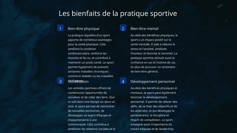 saire. sports de glisse les sports de glisse se pratiquent sur des surfaces lisses et permettent de se déplacer rapidement. le ski, le snowboard, le surf, le skateboard et le patin à glace en font partie. ils offrent une sensation de liberté et d'adrénaline tout en développant l'équilibre, la coordination et la maîtrise du geste. 4 les sports les plus populaires le football le football est de loin le sport le plus populaire dans le monde. avec ses règles simples et son action palpitante, le football attire des millions de supporters passionnés dans le monde entier. des stades bondés lors des matchs de ligue des champions aux rues pleines de supporters lors des coupes du monde, le football est véritablement un phénomène mondial qui fédère les communautés autour d'un amour commun pour ce sport. le basket-ball le basket-ball est l'un des sports d'équipe les plus populaires au monde, en particulier …