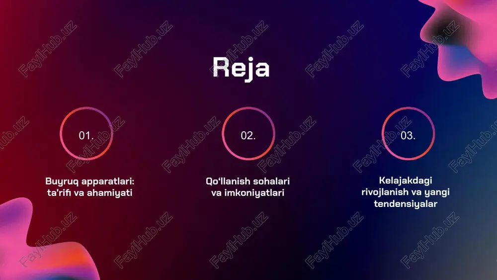 a o'zgarishlar bozor tendensiyalari raqobatni kuchaytirish va innovatsion yechimlarni talab qiladi. kompaniyalar yangiliklarga moslashishi va xaridorlar ehtiyojlariga javob berishi zarur, bu esa buyruq apparatlarini yanada rivojlantirishga yordam beradi. o'zbekistonda rivojlanish imkoniyatlari o'zbekistonda buyruq apparatlari uchun rivojlanish imkoniyatlari katta. davlat va xususiy sektor hamkorligi orqali yangi texnologiyalarni joriy etish, malakali kadrlarni tayyorlash va investitsiyalarni jalb etish orqali soha yanada kengayishi mumkin. buyruq apparatlarining ta'rifi buyruq apparati nima? buyruq apparati - bu ma'lum bir vazifani bajarish uchun ishlatiladigan qurilma bo'lib, u inson tomonidan berilgan buyruqlarni bajaradi. u avtomatlashtirilgan tizimlar va boshqaruv jarayonlarida muhim rol o'ynaydi. asosiy vazifalari - operatsiyalarni avtomatlashtirish. - inson va texnologiya o'rtasida aloqani ta'minlash. - ma'lumotlarni to'plash va qayta ishlash. - jarayonlarni optimallashtirish va samaradorlikni oshirish. qisqacha tarixiy ma'lumotlar buyruq apparatlarining tarixi 20-asrning o'rtalaridan boshlangan. dastlabki buyruq apparatlari oddiy mexanik tizimlar bo'lib, keyinchalik elektron va raqamli texnologiyalar bilan rivojlandi. bugungi kunda ular ko'plab sohalarda, jumladan, ishlab chiqarish va xizmat …
