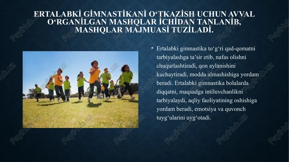 gik sharoitlarda amalga oshirishning barcha formalari mazmunini ishlab chiqadi. maktabgacha yoshdagi bolalar jismoniy tarbiya nazariyasining vazifalari. ta’limiy vazifalar. maktabgacha yoshdagi bolalarni jismoniy tarbiyalash jarayonida ta’limiy vazifalarni hal etish ham muhimdir. chunonchi: harakat ko‘nikma va malakalarini shakllantirish, jismoniy sifatlar (chaqqonlik, tezkorlik, egiluvchanlik, muvozanat, ko‘z bilan chamalash, kuchlilik, chidamlilik)ni o‘stirish, to‘g‘ri qaddi-qomat, gigiyena ko‘nikmalarini tarbiyalash, jismoniy tarbiya haqidagi bilimlarni o‘zlashtirish. jismoniy tarbiya mashqlarini to‘g‘ri bajarish muskullar, paylar, bo‘g‘imlar, suyak tizimini rivojlantirishga samarali ta’sir qiladi. mustahkam shakllangan harakat ko‘nikmalaridan foydalanish bolaga mashqlarni bajarishda jismoniy kuchni tejash va o‘yin faoliyatida e’tiborni kutilmagan vaziyatlarda yuzaga keladigan turli vazifalarni olishga yo‘naltirish imkonini beradi. bolalarda 7 yoshgacha shakllangan harakat ko‘nikmalari maktabda ularni yanada takomillashtirish uchun zamin bo‘lib xizmat qiladi va kelajakda sportda yuqori natijalarga erishish imkonini beradi. bolalarda harakat ko‘nikmalarining shakllanishi jarayonida birmuncha murakkabroq harakatlar va bu harakatlarni o‘z ichiga oluvchi turli faoliyat turlarini osongina egallash qobiliyati hosil qilinadi. yosh guruhlarga oid harakat ko‘nikmalarining hajmi das- turda …