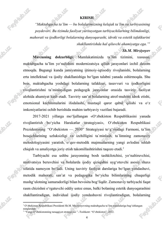 da tarbiyachining pedagogik nutqi, psixologik yondashuvi, motivatsion qo‘llab-quvvatlashi, ijodiy topshiriqlarning to‘g‘ri tanlanishi, guruh bilan ishlash madaniyati kabi omillar bolalarning rivojlanishiga kuchli ta’sir ko‘rsatadi. tarbiyachi bolaning har bir kichik yutug‘ini sezishi, uning ijodiy o‘sishidagi individual farqlarni hisobga olishi va mashg‘ulot jarayonida ijodiy muhit yaratishi lozim. bolalarda mustaqillik, o‘z fikrini ifodalash, ranglarni uyg‘unlashtirish, predmetlarni tasvirlash malakalarining shakllanishi ana shu pedagogik jarayonning sifatiga bog‘liq. maktabgacha yoshdagi bolalar bilan ishlashda tasviriy faoliyatga oid ilmiy yondashuvlar shuni ko‘rsatadiki, bolalar tasvir orqali nafaqat atrof olamni aks ettiradilar, balki uni qayta yaratadilar, yangicha talqin qiladilar. ularning tasvirlarida emotsional holatlar, hayotiy taassurotlar, fantaziya elementlari mujassam bo‘ladi. bu jarayonning to‘g‘ri boshqarilishi esa tarbiyachining kasbiy tayyorgarligi, bilimdonligi va kuzatuvchanligiga bog‘liqdir. bugungi kunda maktabgacha ta’lim tizimida qo‘llanilayotgan yangi metodik yondashuvlar tarbiyachining kompetensiyalarini muntazam rivojlantirishni talab etmoqda. jumladan, bolaning individual rivojlanish xususiyatlarini aniqlay olish, yoshga mos tasviriy metodlarni tanlash, interfaol vizual texnologiyalarni qo‘llash, ijodiy topshiriqlarni murakkablashtirib borish va bolalarning estetik didini shakllantirishga …