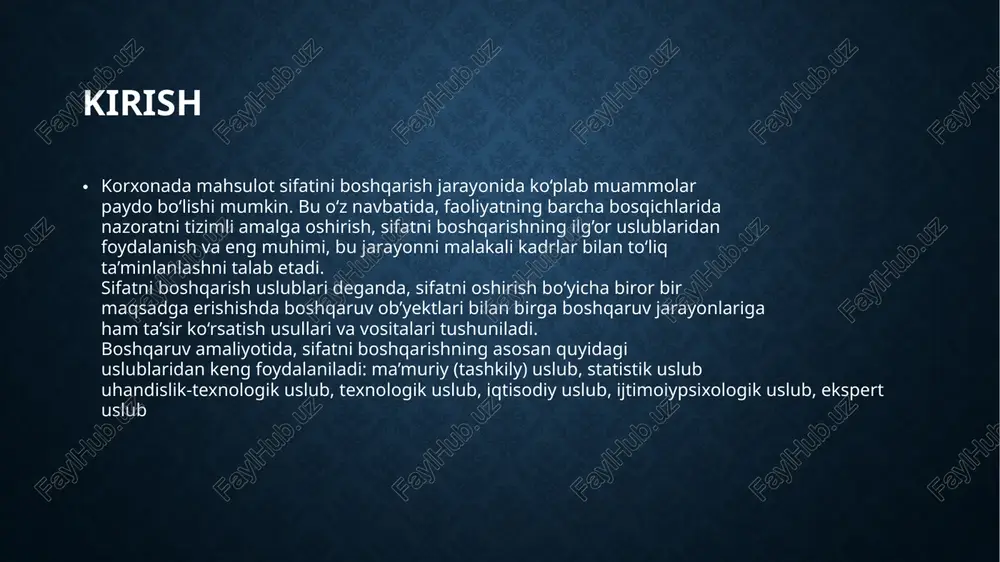 arni boshqarish usullarini tanlashga ta’sir qiluvchi omillardan foydalanishga asoslangan. bularga quyidagilar kiradi: ish faoliyati va sifatni yaxshilash bo‘yicha har bir xodimning, shuningdek, butun jamoa va bo‘limlarning o‘z-o‘zini nazorat qilish, tashabbuskorlik, mas’uliyatni oshirish usullari. sifatni boshqarishda jamoada yuzaga keladigan nizolarni bartaraf etish va ularni oldini olish, xodimlarni tanlash va jamoadagi psixologik muhitni yaxshilash vositalarini optimallashtirish usullari. sifat ko‘rsatkichlarini yaxshilash sharoitida mehnat jarayoni ishtirokchilarining psixologik ko‘rsatkichlarini hisobga olish usullari. sifatni boshqarishda ish jarayoniga xodimlarni jalb qilish vositalari. sifatni boshqarishning ekspert uslubidan odatda, ko‘p sonli boshqaruv muammolarini hal qilishda foydalaniladi. ekspert usuli dastlab, texnik va ilmiy sohalarda prognozlash bilan bog’liq vaziyatlarni hal qilish uchun ishlatilgan, keyinchalik ular boshqa sohalarda, shu jumladan sifat menejmenti sohasida ham qo‘llanila boshlandi. ekspert usuli sifat menejmenti muammolarini hal qilish yoki qarorlar qabul qilish yoki boshqa ilmiy, boshqaruv va texnik sohalarda qo‘llanilishidan qa’tiy nazar, asosiy maqsadi ko‘rib chiqilayotgan masalalar bo‘yicha ekspertlar tomonidan taqdim etiladigan fikr yoki mulohazalarning o‘rtacha natijalarini …