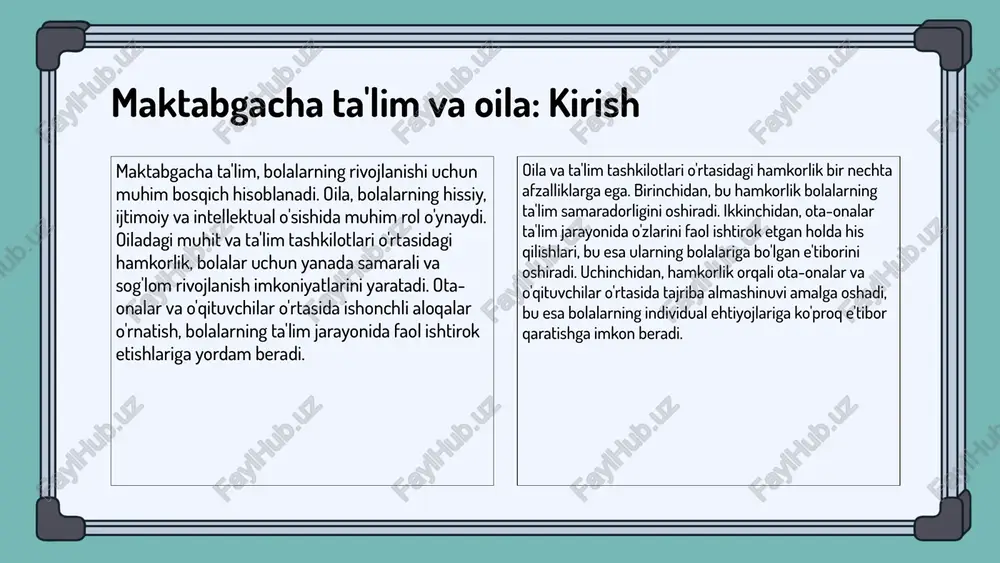 a'lim tashkilotlari o'rtasidagi hamkorlikni yaxshilash uchun muhim jihatlar mavjud. ta'lim muassasalari, ota-onalar bilan samarali muloqot o'rnatish orqali, bolalarning ta'lim jarayonida ishtirokini oshirishlari mumkin. oila va ta'lim o'rtasidagi uzviy aloqa, bolalarning rivojlanishi va ta'lim ko'rsatkichlari uchun juda muhimdir. oila ishtirokini oshirish uchun ta'lim tashkilotlari bir qator dasturlarni amalga oshirishlari lozim. masalan, ota-onalar uchun ochiq eshiklar kunlari, ta'lim jarayonlari haqida ma'lumot beruvchi seminarlar va amaliy mashg'ulotlar tashkil etish. shuningdek, ota-onalarning fikrlarini tinglash va ularni ta'lim jarayoniga jalb qilish muhim ahamiyatga ega. oila va ta'lim muassasalari o'rtasidagi ishonch va hamkorlikni kuchaytirish uchun, doimiy aloqalarni o'rnatish kerak. bu, ota-onalar va ta'lim tashkilotlari o'rtasida ochiq va samimiy muloqotni ta'minlaydi. ota-onalar o'z farzandlari ta'limi haqida ma'lumotga ega bo'lishlari va o'z fikrlarini bildirishlari uchun imkoniyatlar yaratish, hamkorlikni yanada kuchaytiradi. xulosa: oila va ta'lim hamkorligi oila va ta'lim tashkilotlari o'rtasidagi hamkorlik bolalar rivojlanishiga muhim ta'sir ko'rsatadi. ushbu hamkorlik, bolalarning ijtimoiy, emotsional va akademik rivojlanishini qo'llab-quvvatlaydi. oila va ta'lim …