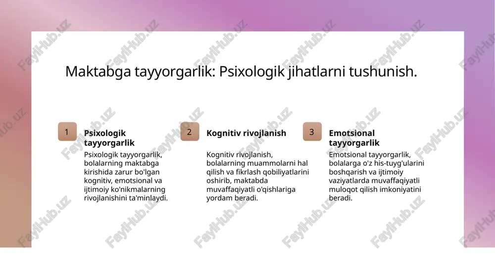 oiy ko'nikmalarni shakllantirishda muhimdir, bu esa maktabda muvaffaqiyatga olib keladi. kognitiv rivojlanish: maktabga tayyorgarlikning boshlanishi. 1 kognitiv rivojlanish kognitiv rivojlanish, bolalar uchun maktabga tayyorgarlikning muhim aspektidir. bu jarayonda muammoni hal qilish va tafakkur ko'nikmalari rivojlanadi. 2 maktabga tayyorgarlik maktabga tayyorgarlik davrida bolalar yangi bilimlarni o'zlashtirishga tayyorlanadi. bu, ularning mustaqil fikrlash qobiliyatini oshiradi va o'qish jarayoniga tayyorlaydi. 3 rivojlanish bosqichlari kognitiv rivojlanish bosqichlari, bolalarning o'ziga xos xususiyatlarini inobatga olgan holda, o'qituvchilar tomonidan kuzatilishi va qo'llab-quvvatlanishi kerak. bolalardagi kognitiv ko'nikmalar va ularning ta'siri. 1 bolalarda kognitiv ko'nikmalar bolalardagi kognitiv ko'nikmalar muhimdir, chunki ular bilim olish, muammolarni hal qilish va mantiqiy fikrlash qobiliyatini rivojlantiradi. 2 ta'limdagi roli kognitiv ko'nikmalar ta'lim jarayonida asosiy o'rin tutadi, chunki ular bolalarning yangiliklarni o'zlashtirish va o'qishdagi muvaffaqiyatini belgilaydi. 3 o'zaro ta'sir kognitiv ko'nikmalar bolalarning ijtimoiy muhitda o'zaro aloqalarini kuchaytiradi, bu esa yaxshi ijtimoiy ko'nikmalar va do'stlikni rivojlantirishga yordam beradi. 4 rivojlanish bosqichlari kognitiv ko'nikmalar rivojlanishi bolalarning yoshiga qarab …