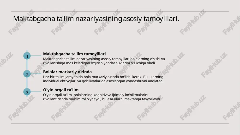 v, ijtimoiy va emotsional rivojlanishlarini qo'llab-quvvatlaydilar, o'zaro aloqalarini mustahkamlashga yordam berishadi. 3 ota-onalar bilan hamkorlik o'qituvchilar, ota-onalar bilan yaqin hamkorlikda ishlash orqali bolalarning maktabga tayyorgarlik jarayonida qo'shimcha qo'llab-quvvatlashni ta'minlaydilar. maktabga tayyorgarlik: bolalar uchun dastlabki ta'lim usullari. 1 o'qitish usullari bolalarni maktabga tayyorlashda faol o'qitish usullari, masalan, rolli o'yinlar va interaktiv mashg'ulotlar, ularga qiziqarli va samarali ta'lim beradi. 2 o'yin orqali o'rganish o'yinlar yordamida o'rganish, bolalarning kognitiv va ijtimoiy ko'nikmalarini rivojlantirishda muhimdir. bu jarayon o'zaro hamkorlikni va ijodkorlikni rag'batlantiradi. 3 individualizatsiya har bir bolaning o'ziga xos ehtiyojlarini inobatga olish, individual ta'lim strategiyalarini yaratish orqali ularning muvaffaqiyatini oshirish imkonini beradi. o'zbekistondagi maktabga tayyorlash dasturlari va metodlari. 01 maktabga tayyorlash dasturlari o'zbekistonda maktabga tayyorlash dasturlari, bolalarning kognitiv, ijtimoiy va emosional rivojlanishini ta'minlashga qaratilgan, o'ziga xos metodikalarni o'z ichiga oladi. 02 ta'lim metodlari ta'lim jarayonida o'yin, amaliyot va o'zaro muloqot metodlari qo'llanilib, bolalarning o'z-o'zini anglash va ijtimoiy ko'nikmalarini rivojlantirishga yordam beradi. 03 o'zbekiston tajribalari …