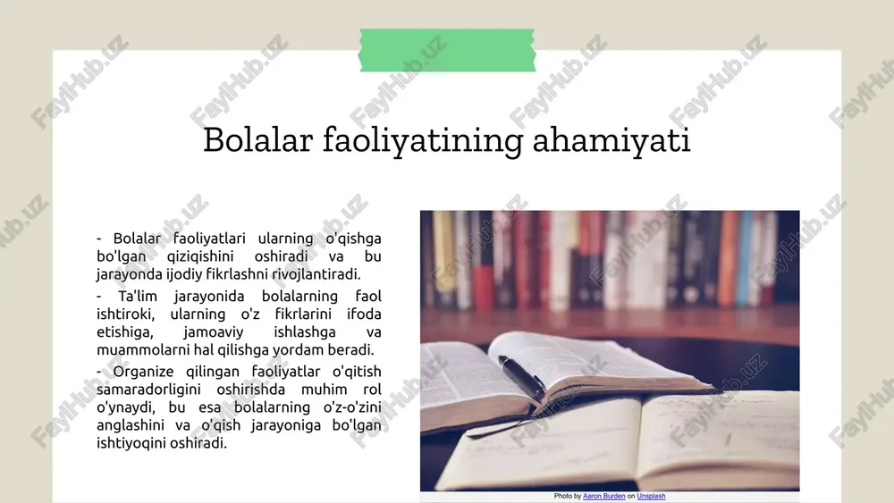 hlil. kuchli tomonlar: bolalarning o'qishga bo'lgan qiziqishi, yangi bilimlarni o'rganishga tayyorligi va ijodiy fikrlash qobiliyati. zaif tomonlar: resurslar yetishmasligi, malakali o'qituvchilarning kamligi va bolalarning ijtimoiy ko'nikmalarini rivojlantirishdagi cheklovlar. imkoniyatlar: yangi metodlarni joriy etish, texnologiyalardan foydalanish va ota-onalar bilan hamkorlikni kuchaytirish. tahdidlar: ijtimoiy muhitdagi o'zgarishlar, iqtisodiy muammolar va bolalar uchun xavfli muhitlar. umumiy swot tahlili bolalar faoliyatini tashkil etishda kuchli asos yaratadi, bu esa o'qituvchilarga va ota-onalarga samarali strategiyalar ishlab chiqishga yordam beradi. kelajak istiqbollari - ta'lim jarayonini yanada takomillashtirish: ta'lim jarayonida zamonaviy texnologiyalar va pedagogik yondashuvlarni qo'llash orqali bolalarning o'ziga xos qobiliyatlarini rivojlantirish. - o'qitish samaradorligini oshirish uchun yangi yondashuvlar: interfaol metodlar va o'yin asosidagi ta'lim usullarini joriy etish, bolalarning o'z ixtiyorlari bilan faol ishtirok etishlarini ta'minlash. - bolalar faoliyatining kelajakdagi rivojlanishi uchun zarur choralar: bolalar faoliyatini rejalashtirish va tashkil etish jarayonida ota-onalar va jamiyat bilan hamkorlikni kuchaytirish. photo by jazmin quaynor on unsplash faoliyat va ijtimoiy ko'nikmalar faoliyat bolalar …