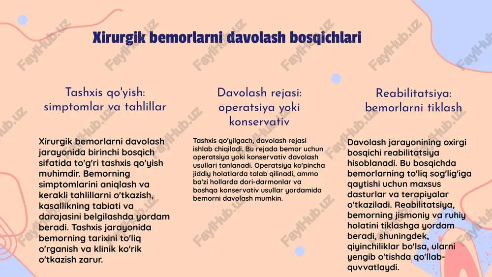 qilishda asosiy maqsadlar va prinsiplari kurasiya qilishda asosiy maqsadlar quyidagilardan iborat: bemorning holatini yaxshilash, ularning sog'lig'ini saqlash va davolash jarayonini osonlashtirish. bunda asosiy prinsiplarga bemorning individual xususiyatlarini hisobga olish, tibbiy yordamning sifatini oshirish, va bemor bilan samarali muloqotni o'rnatish kiradi. shuningdek, kurasiya jarayonida bemorlarning psixologik yordami ham ko'zda tutiladi, bu esa ularning davolanish jarayoniga ijobiy ta'sir ko'rsatadi. bemorlarni kurasiya qilish jarayonlari asosiy bosqichlar va maqsadlar bemorlarni kurasiya qilish jarayoni uchta asosiy bosqichdan iborat: baholash, rejani tuzish va kuzatish. baholash bosqichida bemorning umumiy holati va kasallik tarixi o'rganiladi, bu bosqichning maqsadi - bemorning ehtiyojlarini aniqlash. rejani tuzish bosqichida bemor uchun individual davolash rejalari ishlab chiqiladi, bu erda asosiy maqsad - bemorning holatini yaxshilashdir. kuzatish bosqichida esa bemorning holati doimiy ravishda monitoring qilinadi va zarur bo'lganda davolash rejasiga o'zgartirishlar kiritiladi. qo'llaniladigan metodlar va usullar kurasiya jarayonida klinik kuzatuv, laboratoriya va instrumental tadqiqotlar, shuningdek, bemor bilan muloqot va psixologik yordam kabi usullar qo'llaniladi. …