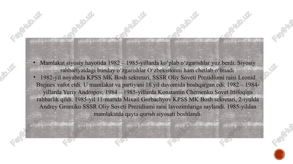 zbekistonni markazga bo‘ysundirish, mahalliy elita ta’sirini sindirish, milliy respublikalardagi mustaqillik kayfiyatini jilovlash maqsadini ko‘zlagan siyosiy repressiya edi. paxta ishining kelib chiqish sabablari 1. paxta rejalari – sssrning siyosiy talabi 1950–1980-yillar davomida sssr markazi o‘zbekistondan: yiliga millionlab tonna paxta, orqali butun ittifoqning yengil sanoatini ta’minlashni talab qilgan. rejalar osmondan belgilangan, bajarilishi esa deyarli imkonsiz edi. natijada: hosil ko‘rsatkichlarini oshirib yozish, statistika bilan o‘ynash, "reja bajarildi" deb xabar berish keng tarqaldi. bu markazning o‘zi bilgan holda ko‘z yumgan siyosat edi. 2. sharof rashidov davri 1959–1983-yillarda o‘zbekistonning birinchi rahbari sharof rashidov davrida: sanoat va qurilish rivojlandi, paxta yetishtirish kengaydi, lekin statistik ko‘rsatkichlarda oshirib yozish odatiy holga aylandi. rashidov vafotidan (1983) keyin moskva o‘zbekistonni ayblash kampaniyasini boshladi. qatag‘on kampaniyasining boshlanishi (1983–1984) andropov davri: “o‘zbek mafiyasi” tushunchasi kgb sobiq rahbari yuriy andropov sssr bosh kotibi bo‘lgach: o‘zbekistonda keng korrupsiya borligi haqida siyosiy kampaniya ochdi. matbuotda “o‘zbek mafiyasi”, “milliy korrupsiya”, “paxta poraxo‘rlari” kabi atamalar tarqatildi. paxta …