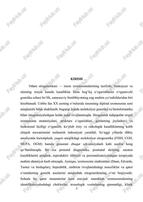 holining genetik savodxonligini oshirish, irsiy kasalliklarning oldini olish, sog‘lom avlod tug‘ilishiga erishish kabi davlat miqyosidagi ustuvor vazifalar ham odam sitogenetikasining dolzarbligini kuchaytiradi. yangi texnologiyalar, jumladan, crispr orqali genom tahrirlash, sun’iy intellekt yordamida sitogenetik tasvirlarni avtomatik tahlil qilish kabi innovatsiyalar sohaning yanada rivojlanishini talab qilmoqda. kurs ishining ahamiyati odam sitogenetikasi inson salomatligini saqlash, kasalliklarni erta aniqlash va ularni chuqur tushuntirishda beqiyos ahamiyatga ega bo‘lgan ilmiy yo‘nalishdir. birinchidan, sitogenetik tadqiqotlar irsiy kasalliklarning molekulyar va xromosoma asoslarini aniqlash imkoniyatini yaratadi. bu esa daun, patau, edvards sindromlari, jinsiy xromosoma anomaliyalari, tug‘ma nuqsonlar va ko‘plab metabolik kasalliklarning kelib chiqishini chuqur anglashga yordam beradi. shu asosda prenatal diagnostika va genetik maslahat tizimlari samarali shakllanib, sog‘lom avlod tug‘ilishini ta’minlashga xizmat qilmoqda. sitogenetika onkologiya sohasida strategik ahamiyatga ega. saraton hujayralarida xromosoma translokatsiyalari, delesiyalari, duplikatsiyalari kabi o‘zgarishlarni aniqlash natijasida kasallikning turi, bosqichi va prognozini aniq belgilash, shuningdek maqsadli terapiyani tanlash imkoniyati paydo bo‘ladi. leukemiyalar, limfomalar va qator qattiq o‘smalarda …