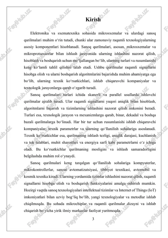 irgalikda ishlatiladi. parallel sanoq qurilmalari esa, bir vaqtning o‘zida ko‘plab bitlarni hisoblash imkoniyatiga ega bo‘lib, yuqori tezlikda ishlash talab qilinadigan tizimlarda keng qo‘llaniladi. bu ikki usulning asosiy farqi – ishlash tezligi va signallarni qabul qilish usulidir. sanoq qurilmalari turlarining rusumlanishi odatda ishlab chiqaruvchi kompaniya, texnik parametrlar va ishlash prinsipi asosida aniqlanadi. masalan, binar sanoq qurilmalari (binary counters) eng keng tarqalgan bo‘lib, ular faqat ikki holatda – 0 va 1 holatida ishlaydi. binar sanoq qurilmalari odatda, mikroprotsessorlar va raqamli tizimlarda ishlatiladi. dekadal sanoq qurilmalari esa 10 ga asoslangan bo‘lib, ular odatda, raqamli displeylar va avtomatlashtirish tizimlarida qo‘llaniladi. bundan tashqari, bazali (k- bazali) sanoq qurilmalari mavjud bo‘lib, ular har xil bazalardagi hisoblashlar uchun mo‘ljallangan. texnik ko‘rsatkichlar sanoq qurilmalarning samaradorligini belgilashda muhim rol o‘ynaydi. bu ko‘rsatkichlar orasida ishlash tezligi, aniqlik darajasi, energiya sarfi, kuchlanish va tok talablari, shuningdek, muhit sharoitlariga moslashuvchanlik mavjud. masalan, yuqori tezlikka ega sanoq qurilmalari yuqori chastotali mikrosxemalar uchun mo‘ljallangan …