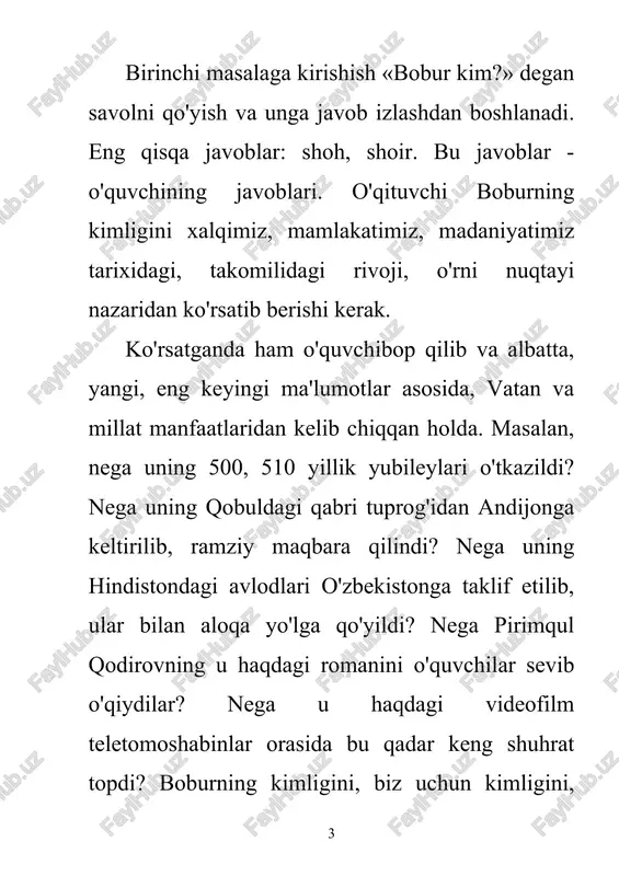 ga o'rnak bo'ldi. hamma vaqt nohaqlikning, har qanday nohaqlikning oldini oldi. ayb-dorni kim boimasin, jazolash, haqni qo'llash yo'lidan bordi. dini, tili, urf-udumi tamom boshqa bo'lgan hindistonda ma-halliy xalqning manfaatini hamisha ustuvor tutdi. uning tiliga ham, diniga ham, urf-udumiga ham daxl qilmadi. aksincha, ularga rag'bat berdi, qo'uab-quwatladi, muhtasham obidalar qurdirdi va oqibatda tubjoy xalqning mehr-u muhabbalini qo-zondi. bejizmaski, bobur saltanati uch asrdan ko'proq yashadi. xix asrning o'rtalarida hindiston xalqi boburiylar saltanatini inglizlardan himoya qilish uchun kurash olib borgan edilar. bejizmaski, javoharla'l neru bobur haqida fikr yuritar ekan, uni «...dilbar shaxs. ...uyg'onish davrining tipik hukmdori...» deb baholaydi. sharqni qo'ya turaylik. g'arbda-chi? uni yuliy sezar bilan qiyos etadilar va shaxsini jozibaliroq topadilar. «boburnoma»ni yuliy sezarning «kundaliklar»iga muqoyasa qiladilar va bobur asarini samimiyroq deb hisoblaydilar. bu — g'arbning fikri. agar bular yoniga bobur haqidagi g'arbda yaratilgan va yaratilayotgan xilda xukxemning «bobur — sher»iga o'xshagan bir qator romanlarni qo'shsak, olis yaponiyada eyji mano kabi muta-xassislar …