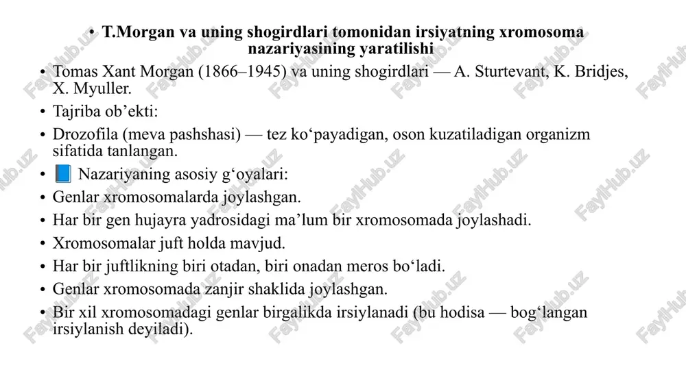 totasiga qarab o‘lchanadi: 1% krossingover = 1 morganida (1 cm) deb ataladi. bu birlik bir gen jufti orasidagi masofani bildiradi. 4. genetik xarita nima uchun kerak? genlarning xromosomadagi joylashuvini aniqlash uchun. bog‘langan genlarni tadqiq etish uchun. tibbiy genetikada irsiy kasalliklar joylashuvini topish uchun. 5. misol: drozofila pashshasining xromosomasida quyidagi genlar joylashgan: ko‘z rangi — qanot shakli — tana rangi ularning orasidagi masofa krossingover chastotasiga qarab belgilanadi. jins genetikasi jins genetikasi — bu organizmlarda jinsning aniqlanishi, jinsiy xromosomalar va jinsga bog‘langan belgilarni o‘rganadigan genetika bo‘limidir. 2. jinsni aniqlovchi omillar: jins organizmda xromosomalar to‘plamiga bog‘liq bo‘ladi. turi erkak urg‘ochi misol xx–xy xy xx odam, drozofila zz–zw zz zw qushlar, ba’zi hasharotlar xo–xx xo xx ba’zi hasharotlar (masalan, chigirtka) 3. jinsiy xromosomalar: autosomalar – jinsga aloqador bo‘lmagan xromosomalar. jinsiy xromosomalar – x va y (yoki z va w) xromosomalar bo‘lib, jinsni aniqlaydi. 4. jinsga bog‘langan belgilar: ayrim belgilar jinsiy xromosomalarda joylashgan genlar bilan …