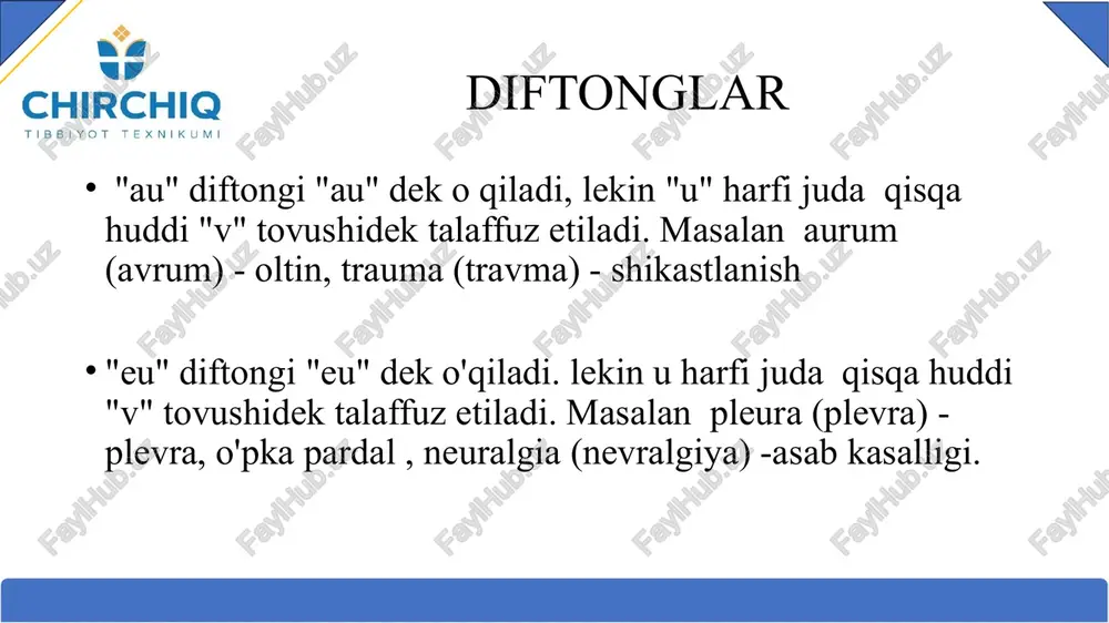 lotin tilida unlilar choʻziq yoki qisqa boʻlishi mumkin. unli tovushning choʻziqligi harf ustiga toʻg'ri chiziqcha, qisqaligi esa yarimoysimon chiziqcha qoʻyib belgilanadi. / - / - choʻziqlik belgisi: ā, ē, ī, ō, ū, y ⚫️ // - qisqalik belgisi: ă, ě, i, č, ŭ, ý cho’ziq va qisqa bo’g’inlar lotin tilida urg'u qoʻyish unli tovushlarning choʻziq yoki qisqaligiga bogʻliq. tarixiy choʻziqlik va qisqalik belgilari mavjud boʻlib, ular lugʻatda ikkinchi yoki uchinchi boʻgʻinlar ustiga qoʻyiladi. la-mī-na - plastinka a-my-lum - ohor, kraxmal urg’u oʻzbek tilida urg'u odatda koʻpincha so'zning oxirgi boʻg'inidagi unli tovushga tushadi. masalan: jigar, yurak. lotin tilida esa urg'u so'zning oxiridan ikkinchi yoki uchinchi boʻgʻinidagi unli tovushga tushadi. lotin tilida urg'u soʻzning oxirgi bo'gʻiniga tushmaydi. urg’u ikki boʻgʻinli so'ziarda urg'u hamisha soʻzning oxiridan ikkinchi boʻgʻiniga tushadi: costa - qovurg'a; caput - bosh. urg’u agar so'zning oxiridan ikkinchi boʻg'ini choʻziq boʻlsa urg'u oʻsha boʻgʻinning unli tovushiga tushadi: medicina - tibbiyot; tinctùra …