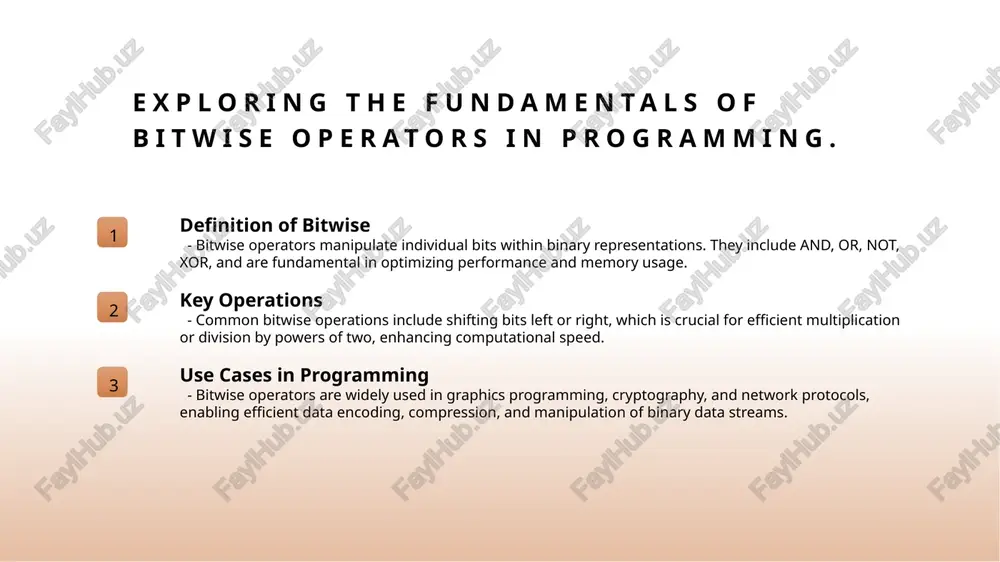 tors like ternary expressions improves code readability, making it easier for developers to understand and maintain logic at a glance. 3 comparison of types different conditional operators, such as 'if', 'switch', and ternary, each serve unique purposes, impacting both efficiency and clarity in various programming scenarios. 4 impact on performance the choice of conditional operator can significantly affect execution speed. for instance, using 'switch' can be more efficient than multiple 'if' statements in large applications. exploring bitwise operations: the foundation of binary data manipulation. understanding bitwise operations bitwise operations manipulate individual bits within binary numbers, enabling efficient data processing. common operations include and, or, not, and xor, crucial for low-level programming. applications in computing bitwise operations are integral in tasks like image processing, cryptography, and network programming. they enhance performance by allowing direct manipulation of binary data structures. importance in algorithms many algorithms, such as those for sorting or searching, …
