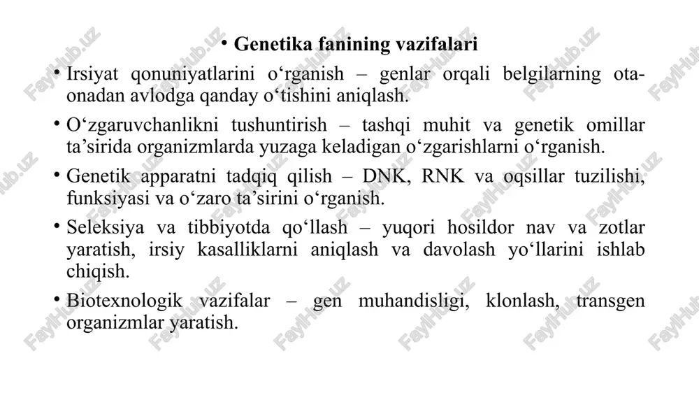 o‘zgaruvchanlik – tashqi muhit ta’sirida yuz beradi, nasldan naslga o‘tmaydi. mendel qonunlari gregor mendel (1822–1884) irsiyat qonuniyatlarini aniqlab, genetikaning asoschisi bo‘lgan. u no‘xat o‘simliklarida tajribalar o‘tkazib, irsiyatning uchta asosiy qonunini yaratgan. 1-qonun – bir xillik (dominantlik) qonuni ikkita toza naslli (gomozigot) ota-onani duragaylashtirilganda, 1-avlod (f₁) duragaylari bir xil bo‘ladi. ularning fenotipida faqat dominant belgi namoyon bo‘ladi. masalan: sariq urug‘ × yashil urug‘ → f₁ da faqat sariq urug‘lar hosil bo‘ladi. 2-qonun – belgilarning ajralib chiqish qonuni f₁ duragaylari o‘zaro chatishtirilsa, 2-avlodda (f₂) belgilar ma’lum nisbatda ajralib chiqadi. klassik nisbat: 3 : 1 (dominant : retsessiv). masalan: sariq × sariq → f₂ da sariq : yashil = 3 : 1. 3-qonun – mustaqil irsiylanish qonuni har xil belgilarni aniqlovchi genlar o‘zaro mustaqil irsiylanadi (agar ular bir xil xromosomada yaqin joylashmagan bo‘lsa). f₂ avlodda belgilar 9 : 3 : 3 : 1 nisbatda ajralib chiqadi. masalan: urug‘ rangi (sariq/yashil) va urug‘ shakli …