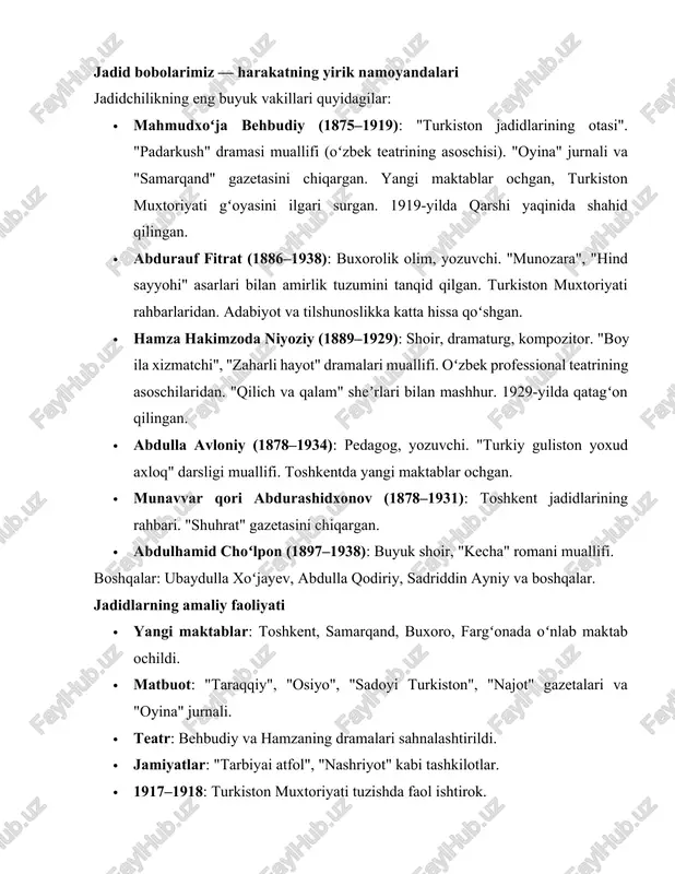 niy va boshqalar. jadidlarning amaliy faoliyati · yangi maktablar: toshkent, samarqand, buxoro, fargʻonada oʻnlab maktab ochildi. · matbuot: "taraqqiy", "osiyo", "sadoyi turkiston", "najot" gazetalari va "oyina" jurnali. · teatr: behbudiy va hamzaning dramalari sahnalashtirildi. · jamiyatlar: "tarbiyai atfol", "nashriyot" kabi tashkilotlar. · 1917–1918: turkiston muxtoriyati tuzishda faol ishtirok. jadidchilikning taqdiri va merosi 1917-yil inqilobidan keyin jadidlar dastlab bolsheviklar bilan hamkorlik qildilar, ammo 1920-yillardan stalin qatagʻonlari boshlandi. koʻpchilik (behbudiy, fitrat, hamza, choʻlpon) qatl etildi yoki surgun qilindi. mustaqillikdan keyin (1991-yildan) jadidlar oqlandi. ularning merosi oʻrganilmoqda, kitoblari qayta nashr etilmoqda. prezident shavkat mirziyoyev jadid gʻoyalarini "yangi oʻzbekiston" strategiyasida qoʻllamoqda. xulosa jadid bobolarimiz — millatning haqiqiy qahramonlari. ular savodsizlik va zulmga qarshi maʼrifat quroli bilan kurashdilar. bugungi mustaqil oʻzbekiston — jadid orzularining roʻyobga chiqqanidir. yoshlar jadid merosini oʻrganib, vatanni yanada obod qilishlari kerak. image1.jpeg image2.jpeg