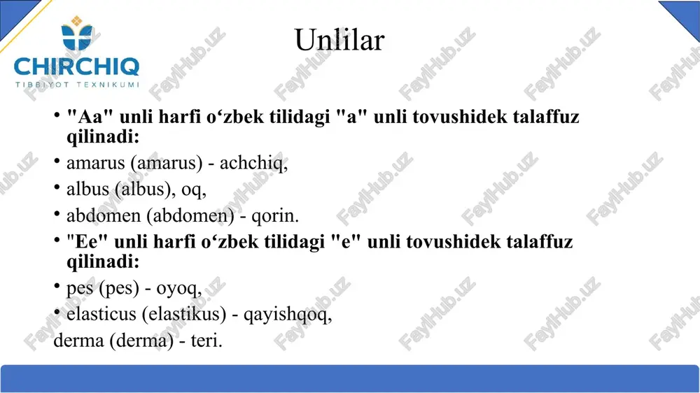 (sito) - tez. caecum (sekum) - koʻrichak. coelia (selia) - qorin bo’shlig’i boshqa hollarda, ya'ni a, o, u unlilari oldida, undoshlar oldida va so'z oxirida kelsa k dek o'qiladi: caput (kaput) - bosh, costa (kosta) -qovurgla. cuprum (kuprum) -mis. lac (lak)-sut medicus (medikus) - shifokor. o'ziga xos o'qiladigan undosh harflar. "ss" harfi ikki unli yoki har qanday unli bilan m. n undosh harflari o'rtasida z tovushidek, qolgan hollarda s tovushidek o'qiladi: rosa (roza) - atirgul. vaselinum (vazelinum) - vazelin. mensis (menzis) - ov, neoplasma (neoplazma) neoplazma. scabies (skabiez) - qichima. o'ziga xos o'qiladigan undosh harflar. "xx" harfi faqat birinchi bo'g'inda ikki unli o'rtasida kelsa gz dek, qolgan hollarda ks dek o'qiladi: exitus (egzitus) - natija, maxilla (maksilla) - yuqori jag. lex (leks)-qonun o'ziga xos o'qiladigan undosh harflar. "zz" harfi grek va boshqa tillardan o'zlashtirilgan atamalarda uchraydi va z deb o`qiladi: zona (zona) - zona. zygoma (zigoma) - yuz, yonoq. zonula …