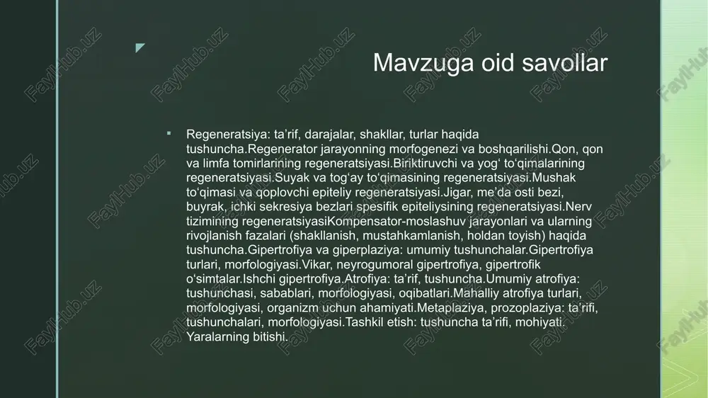 ralar reaktiv o‘sish boshlaydi. hujayra sikli faollashadi, mitozlar ko‘payadi. 2. proliferatsiya va differensiyatsiya proliferatsiya: shikastlangan hududda hujayralar soni ko‘payadi. differensiyatsiya: yangi hujayralar o‘z turiga moslashadi va funksional xususiyatini oladi. 3. to‘qima rekonstruksiyasi fibroblastlar va mezankimal elementlar qatnashadi. qon tomirlari (angiogenez) hosil bo‘ladi. epitelizatsiya yoki parenximatoz to‘qimalar tiklanadi. 4. mikrostrukturaviy va makrostrukturaviy integratsiya hujayralar va to‘qimalar to‘liq funksional birlik hosil qiladi. normal arxitektura tiklanadi (agar shikastlanish chuqur bo‘lmasa). z 3. regeneratsiya turlari 1. hujayralar darajasida: mitotik faol hujayralar (epiteliy, jigar, buyrak tubul hujayralari) orqali. 2. to‘qima darajasida: parenximatoz to‘qimalar, ba’zi mushak to‘qimalari. 3. organ darajasida: jigar (masalan, 2/3 qismini olib tashlagandan keyin ham tiklanadi). 4. regeneratsiyani boshqaruvchi omillar ichki omillar: hujayra turi: mitotik faoliyat kuchli hujayralar regeneratsiyaga tez kiradi. hujayra sikli va differensiyatsiya darajasi. genetik mexanizmlar: o‘sish faktorlarini kodlovchi genlar (egf, tgf-α, hgf). tashqi omillar: qon ta’minoti: yaxshi perfuziya regeneratsiyani tezlashtiradi. shikastlanish darajasi: chuqur yoki keng jarohatlar fibroz va skar hosil …