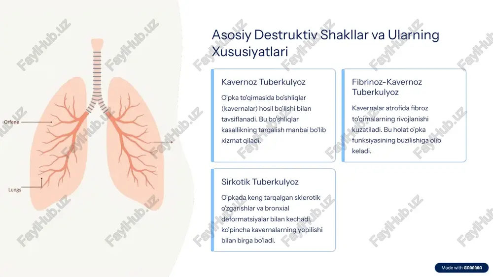 ezilarli darajada yaxshilaydi. dori terapiyasi birinchi va ikkinchi qator tuberkulyozga qarshi dori vositalari. jarrohlik aralashuvi katta kavernalar yoki dori chidamli shakllarda talab qilinishi mumkin. reabilitatsiya o'pka funksiyasini tiklash va bemorning hayot sifatini yaxshilash. 9 xulosa: kelajakdagi istiqbollar o'pka tuberkulyozining destruktiv shakllari bilan kurashishda diagnostik metodlarni takomillashtirish, yangi dori vositalarini yaratish va individual davolash strategiyalarini ishlab chiqish muhim ahamiyatga ega. tadqiqotlar va xalqaro hamkorlik bu sohada sezilarli yutuqlarga erishishga yordam beradi. e'tiboringiz uchun rahmat! 10 image-1002-1.png image-1-1.png image-1003-1.png image-2-1.png image-1004-1.png image-3-1.png image-1005-1.png image-4-1.png image-1006-1.png image-5-1.png image-5-2.svg image-5-3.png image-5-4.svg image-1007-1.png image-6-1.png image-6-2.png image-1008-1.png image-1009-1.png image-8-1.png image-1010-1.png image-9-1.png image-9-2.png image-9-3.png image-1011-1.png image-10-1.png