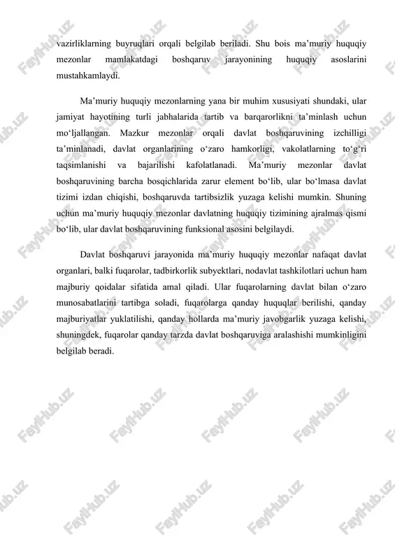 vazifasi va qo‘llanish sohasiga ko‘ra farqlanadi. birinchi tur — normativ mezonlar, ya’ni davlat tomonidan belgilangan umummajburiy qoidalar. bunga qonunlar, kodekslar, hukumat qarorlari, nizomlar, standartlar, davlat talablari kiradi. normativ mezonlar barcha shaxslar uchun bir xilda amal qiladi va ularga rioya qilish majburiydir. masalan, yo‘l harakati qoidalari barcha haydovchilar uchun, sanitariya talablarining normativlari esa barcha ishlab chiqarish korxonalari uchun majburiy hisoblanadi. ikkinchi tur — idariy mezonlar, ya’ni ma’muriy organlarning ichki faoliyatini tartibga soluvchi qoidalar. bularga xizmat intizomi, mansabdor shaxslarning xizmat vazifalari, davlat organlari o‘rtasidagi hamkorlik tartiblari, ichki tartib qoidalari kiradi. idariy mezonlar asosan davlat xizmatchilari uchun mo‘ljallangan bo‘lib, ularning xizmat faoliyatini aniq tartibga soladi. uchinchi tur — tashkiliy boshqaruv mezonlari. bu mezonlar muayyan iqtisodiy, ijtimoiy yoki boshqaruv jarayonini samarali tashkil qilishga qaratilgan. masalan, favqulodda vaziyatlarda harakat qilish qoidalari, epidemiyalarga qarshi choralar, yong‘in xavfsizligi qoidalari, ekologik monitoring me’yorlari shular jumlasiga kiradi. to‘rtinchi tur — ma’muriy javobgarlik mezonlari. bu mezonlar qonunbuzarlik sodir etilganda qo‘llaniladigan …