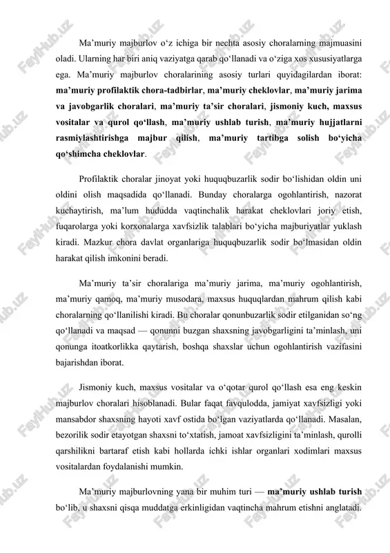 llarda ichki ishlar organlari xodimlari maxsus vositalardan foydalanishi mumkin. ma’muriy majburlovning yana bir muhim turi — ma’muriy ushlab turish bo‘lib, u shaxsni qisqa muddatga erkinligidan vaqtincha mahrum etishni anglatadi. bu chora odatda huquqbuzarlik sodir etgan shaxsni shaxsini aniqlash, huquqbuzarlik holatlarini rasmiylashtirish va jamiyat xavfsizligini ta’minlash maqsadida qo‘llanadi. ma’muriy tartibga solishning qo‘shimcha cheklovlari esa yong‘in xavfsizligi, sanitariya qoidalari, ekologiya, mehnat xavfsizligi, karantin talablari bo‘yicha davlat tomonidan belgilangan majburiy qoidalar majmuini anglatadi. bu cheklovlar fuqarolar, tadbirkorlik subyektlari va tashkilotlarning majburiyatlarini belgilab beradi. 3. ma’muriy majburlovning qo‘llanish tartibi va amaliy ahamiyati ma’muriy majburlovni qo‘llash qat’iy tartib va protseduralarga asoslanadi. har bir chora faqat asosli, qonuniy, hujjatlashtirilgan va inson huquqlariga zid bo‘lmagan shaklda qo‘llanilishi lozim. ma’muriy majburlovni qo‘llashdan oldin mansabdor shaxs vaziyatni baholaydi, choraning eng yumshoq, lekin samarali bo‘lgan shaklini tanlaydi, shaxsga o‘z huquqlari va majburiyatlari tushuntiriladi. ma’muriy chora qo‘llangan taqdirda bu haqda rasmiy bayonnoma tuziladi. ma’muriy majburlov amaliyotda bir qator sohalarda qo‘llanadi: yo‘l …