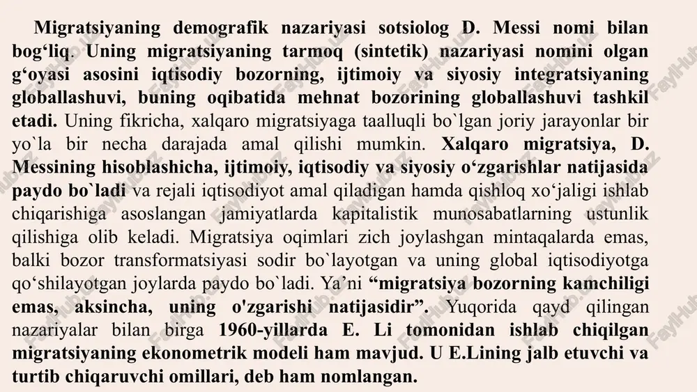 hning integratsiyaviy jarayoni saralash. migratsiya-hududlar aholisi sifat darajasini o`zgartirish omili jadallashtirish. migratsiya- aholini ijtimoiy jihatdan faollashtirish omili mehnatmigratsiyasitufaylioilalarajralishgamajburbo'ladi,buesaturmusho'rtoqlarvafarzandlaro'rtasidagimunosabatlarda jiddiyo'zgarishlargaolibkeladi. ijtimoiyo'zgarishlaresa jamiyatningan'anaviyqadriyatlarivatartiblarigata'sirqilishi mumkin. oila va mehnat migratsiyasi: barqarorlikka qiyinchiliklar oilaviy nizolar o'sishi mehnat migrantlari oilalarida nizolar 30% ga oshgan (mahalla va oila instituti, 2024). uzoq muddatli ajralishlar, moliyaviy muammolar, muloqot yetishmasligi va ishonchsizlik oilaviy munosabatlarda keskinlikni keltirib chiqaradi. buesa ajralishlar sonining ko'payishiga ham sabab bo'lishi mumkin. farzandlarning ruhiy holati ota-onalardan birining yoki ikkalasining yo'qligi farzandlarning ruhiy holatiga salbiy ta'sir ko'rsatadi. ular yolg'izlik, tashvish, o'qishdagi qiyinchiliklar va xulq-atvor muammolariga duch kelishlari mumkin. ota-onaning o'rni bobo-buvilar yoki boshqa qarindoshlar tomonidan qoplanishi har doim ham to'liq samarali bo'lavermaydi. rollardagi o'zgarishlar migratsiya tufayli oilaviy rollar va mas'uliyatlar o'zgaradi. masalan, ayollar oilada ham onalik, ham otalik rolini bajarishga majbur bo'lishadi, bu esa ularning psixologik stressini kuchaytiradi. erkaklar esa o'z uyidan uzoqda, yangi madaniy muhitda moslashuv muammolariga duch kelishadi. masofa -ruhiy izolyatsiya mehnat migratsiyasi oilalarni geografik jihatdan …