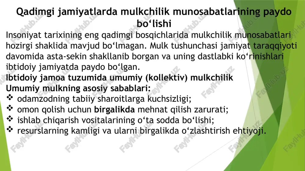 qirol mulki deb hisoblangan. qirol o‘z vassallariga yer uchastkalarini len yoki benefitsiy sifatida taqdim etgan. qirolning vakolati: yerni taqsimlash, vassallar ustidan oliy hokimlik, soliqlarni belgilash. yirik feodallar (duklar, graf, baronlar) qirol ularga katta yer maydonlarini xizmat evaziga bergan. ular esa o‘z navbatida kichik feodallarga yer taqsimlab, o‘zlarining vassallar tizimini shakllantirgan. yirik feodallar siyosiy jihatdan mustaqillashib, ayrim hududlarda amalda hukmdor sifatida ish yuritgan. ritsarlar (kichik feodallar) ritsarlar yirik feodaldan olingan yer–fief (len) evaziga harbiy xizmat ko‘rsatgan. ular o‘z navbatida yerda yashovchi dehqonlardan rentaga tayangan. ruhoniylar (cherkov mulki) o‘rta asrlarda cherkov eng yirik yer egalaridan biri bo‘lgan. cherkov mulki soliqlardan ozod bo‘lar, o‘z hududida mustaqil boshqaruvga ega edi. diniy tashkilotlar iqtisodiy kuchga ega bo‘lib, feodallar bilan teng mavqeda bo‘lgan. dehqonlar (serflar, krepostnoylar) jamiyatning asosiy qismini tashkil etgan. ular yerning egasi emas, faqat undan foydalanish huquqiga ega bo‘lgan. dehqonlar feodalga: barshchina (mehnat to‘lovi), obrok (mahsulot yoki pul shaklida to‘lov),xalqaro bergilar to‘lashga majbur edi. …