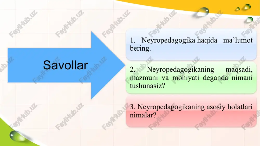 opedagogika haqida ma’lumot bering. 2. neyropedagogikaning maqsadi, mazmuni va mohiyati deganda nimani tushunasiz? 3. neyropedagogikaning asosiy holatlari nimalar? javoblar: 1. neyropedagogika – kognitev neyrologiya, differensial sixofeziologiya va neyropsixalogiyaning o’quvchi shaxsi tomonidan turli o’quv materallarini o’zlashtirishda uning bosh miyasi faoliyatida sodir b’ladigan o’zgarishlar to’g’risidagi ma’lumotlarni hamda o’quvchi va pedagogning individual latersiya profile variantlarining bir-biriga mos kelishini hisobga olgan holda ta’lim-tarbiya jarayonini tashkil qilish to’g’risidagi fandir. 2.neyropedagogikaning fan sifatidagi asosiy maqsadi – inson bosh miyasi faooiyatida oliy psixik funksiyalarning individual xususiyatlarini hisobga olib pedagogic vazifalarni samarali hal etilishi uchun amaliy yordam berishdan iborat. 3.ta’lim jarayonida beriladigan ma’lumotlarni o’quvchilar anglashlari va tushinishlari uchun ularning neyropedagogik xususiyatlari hisobiga olinishi kerak. bu esa ta’lim oluvchilar bosh miya yarimsharlari sinxronizatsiyasining rivojlanishi – ularda aqliy faoliyat samaradorligining oshishini taminlaydi. buning uchun quyidagi muhim holatlarga tayangan holda neyropedagogikaga asoslangan yangi o’qitish texnalogiyalarini yaratilishi va ta’lim jrayoniga joriy etilishi kerak bo’ladi. № mavzu savollari bilaman bilishni istayman bilib oldim …