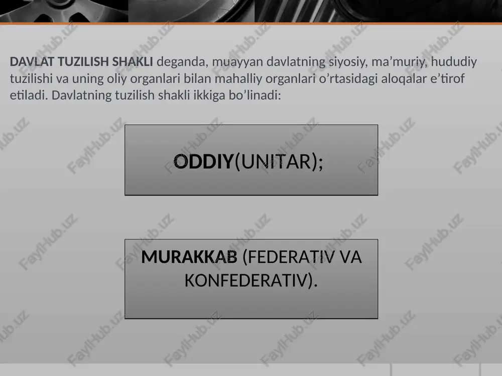 tish va qabul qilishning alohida tartibi mavjud; 5) monarx o’z faoliyati natijasi uchun yuridik jihatdan javobgar emas. monarxiya: monarxiyaning 3 turi mavjud: 1.mutlaq monarxiya 2. cheklangan monarxiya 3. noan’anaviy monarxiya mutlaq monarxiya shaklidagi boshqaruvning asosiy belgisi - monarxning to’la hokimiyatini cheklaydigan biron-bir davlat organi ning yo’qligidir. monarxiyaning yuridik xususiyatlari: hokimiyatdan muddatsiz, ya’ni umrbod foydalanish; - taxtni meros sifatida yoki qarindoshlik huquqi bo’yicha egallash; - tashqi aloqalarda kafolat (mandat) asosida emas, o’z shaxsiy huquqi bo’yicha vakillikni amalga oshirish; - davlat boshlig’i javobgarligining yo’qligi (faqat xudo oldida mas’ullik)dir. mutlaq monarxiya: mutlaq monarxiyadan farqli ravishda monarx hokimiyatining vakolatlari konstitutsiya va qonun asosida yoki davlatning biron-bir vakolatli idorasi tomonidan cheklangan bo’ladi. cheklangan monarxiya, o’z navbatida, dualistik va parlamentar turlarga bo’linadi. cheklangan monarxiya: dualistik monarxiya mutlaq monarxiyadan parlamentar monarxiyaga o’tishda oraliq, o’tish shakli bo’lib, hukmdor bilan bir qatorda, mutlaq monarxiya uchun xos bo’lmagan boshqa oliy davlat hokimiyat organlari – parlament va hukumatning mavjudligida namoyon bo’ladi. …