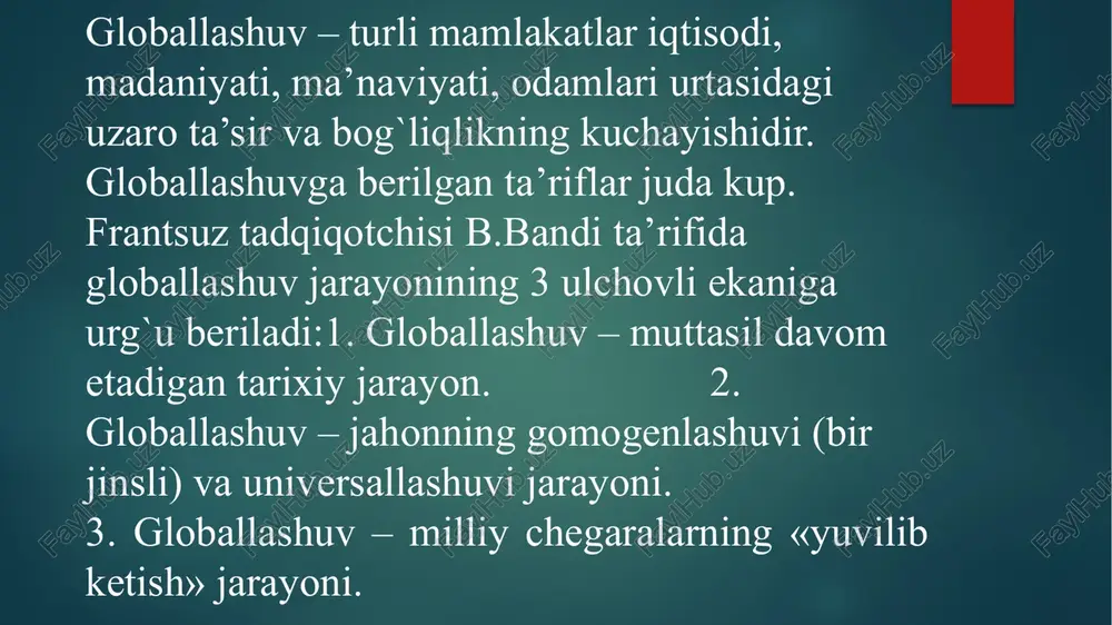 rda vujudga kelgan qarashlar va ularning mexanizmlarini chuqur uylab kurishni, balki kup jihatdan qayta baholashni ham talab qiladi. «sovuq urush» davrida xalqaro munosabatlarga asos bulgan kup qoidalar, tamoyillar va g`oyalarni tubdan qayta kurib chiqish talab qilinmoqda. globallashuv ko'pincha amerizatsiya bilan tenglashtiriladi. bu 20-asrning ikkinchi yarmida qo'shma shtatlarning dunyoga ta'sirining kuchayishi bilan bog'liq. gollivud filmlarning aksariyatini dunyo bo'ylab tarqatish uchun chiqaradi. qo'shma shtatlarda jahon korporatsiyalari kelib chiqadi: microsoft, intel, amd, coca-cola, procter & gamble, pepsi va boshqalar. mcdonald's, dunyoda keng tarqalganligi sababli, globallashuvning o'ziga xos belgisiga aylandi. image6.jpg image7.jpg image8.jpeg image9.jpeg image10.jpeg image11.jpeg image12.jpeg image13.jpeg image14.jpeg image15.jpeg image16.jpeg image17.jpg image18.jpg image2.png image3.png image4.png image5.png /docprops/thumbnail.jpeg